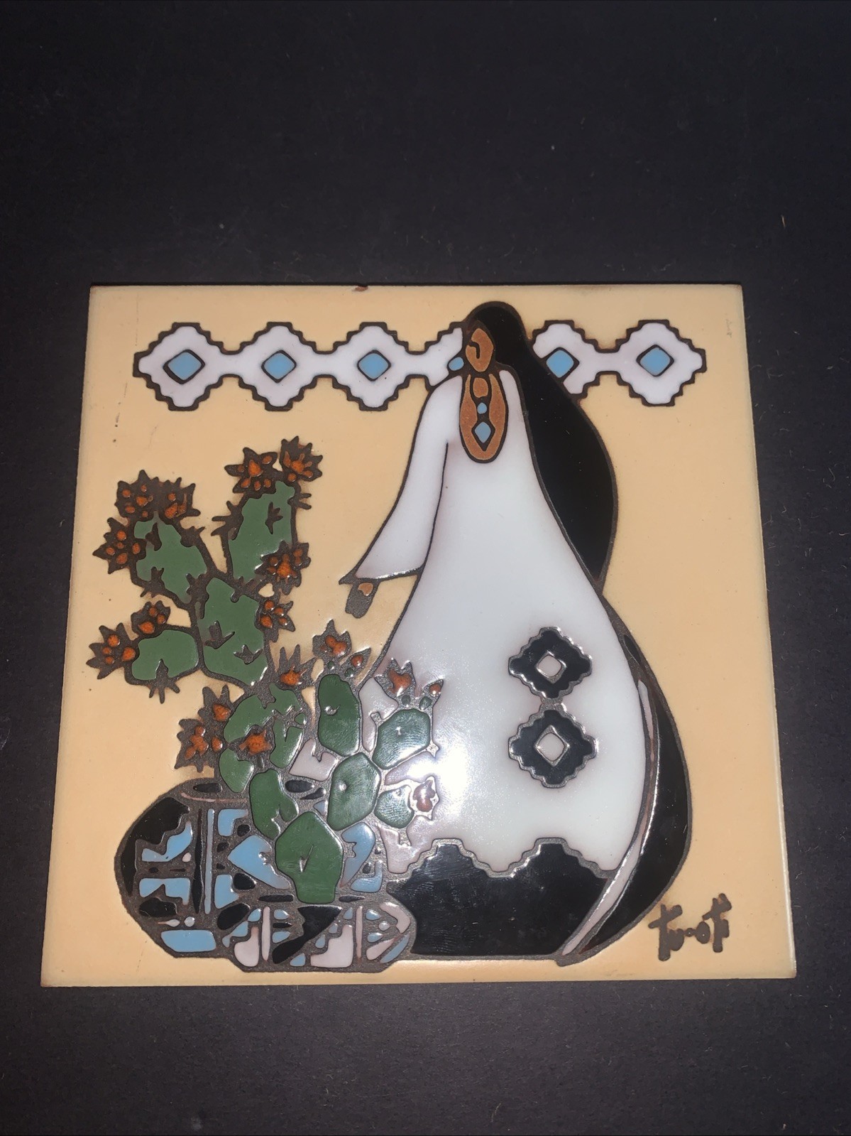 Vintage Earthtones Southwestern Art Tile Native Woman Cactus Wall Decor