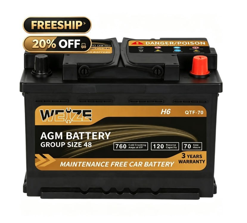 WEIZE 12V 70Ah AGM Group 48 H6 760CCA Start Stop Car Battery