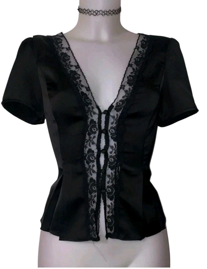 Y2k 90s Womens Victorian Black Mesh Lace Satin Top Sz S/M Whimsigoth Coquette 