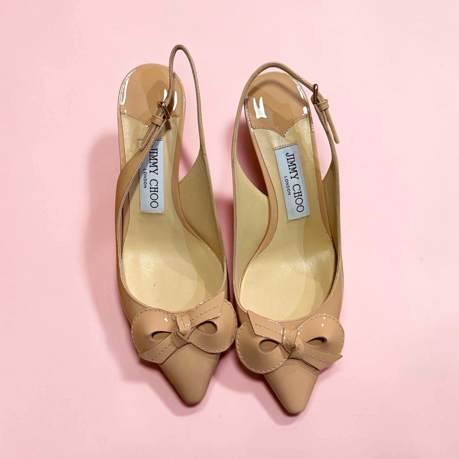 Jimmy Choo Beige Patent Leather Pointed Toe Slingback Bow Stiletto 6.5