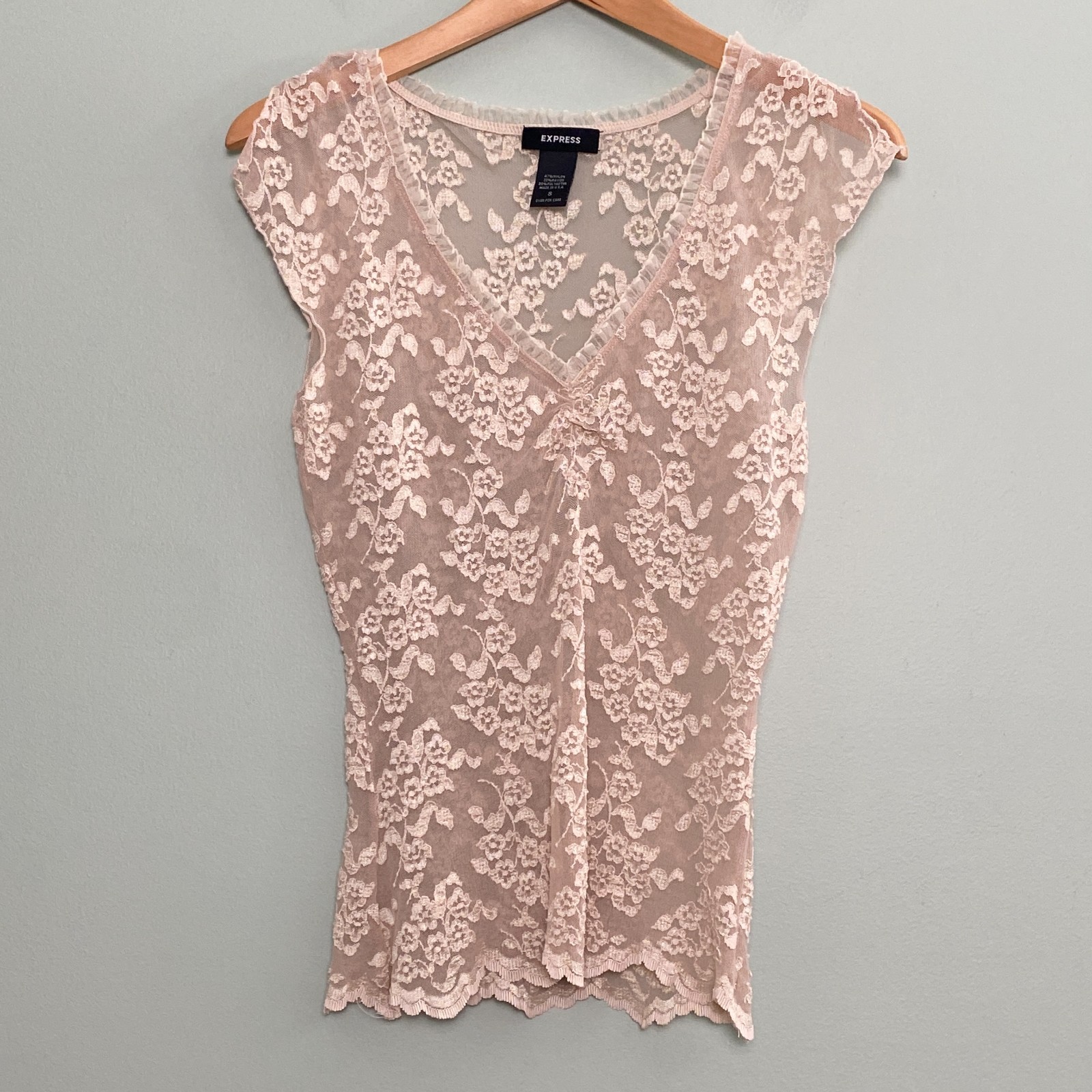 Express Y2K Lace Babydoll Top Womens Small Champagne Pink Sheer Floral Vintage