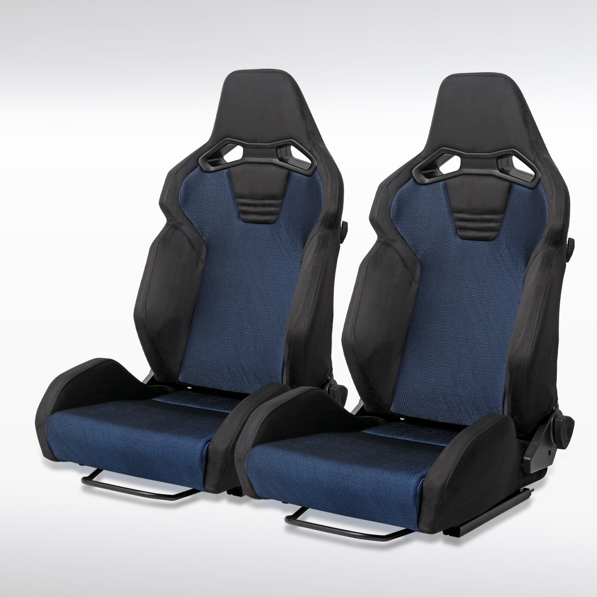 Universal Reclinable Bucket Racing Seats Black Suede Blue Mesh Fabric+Slider