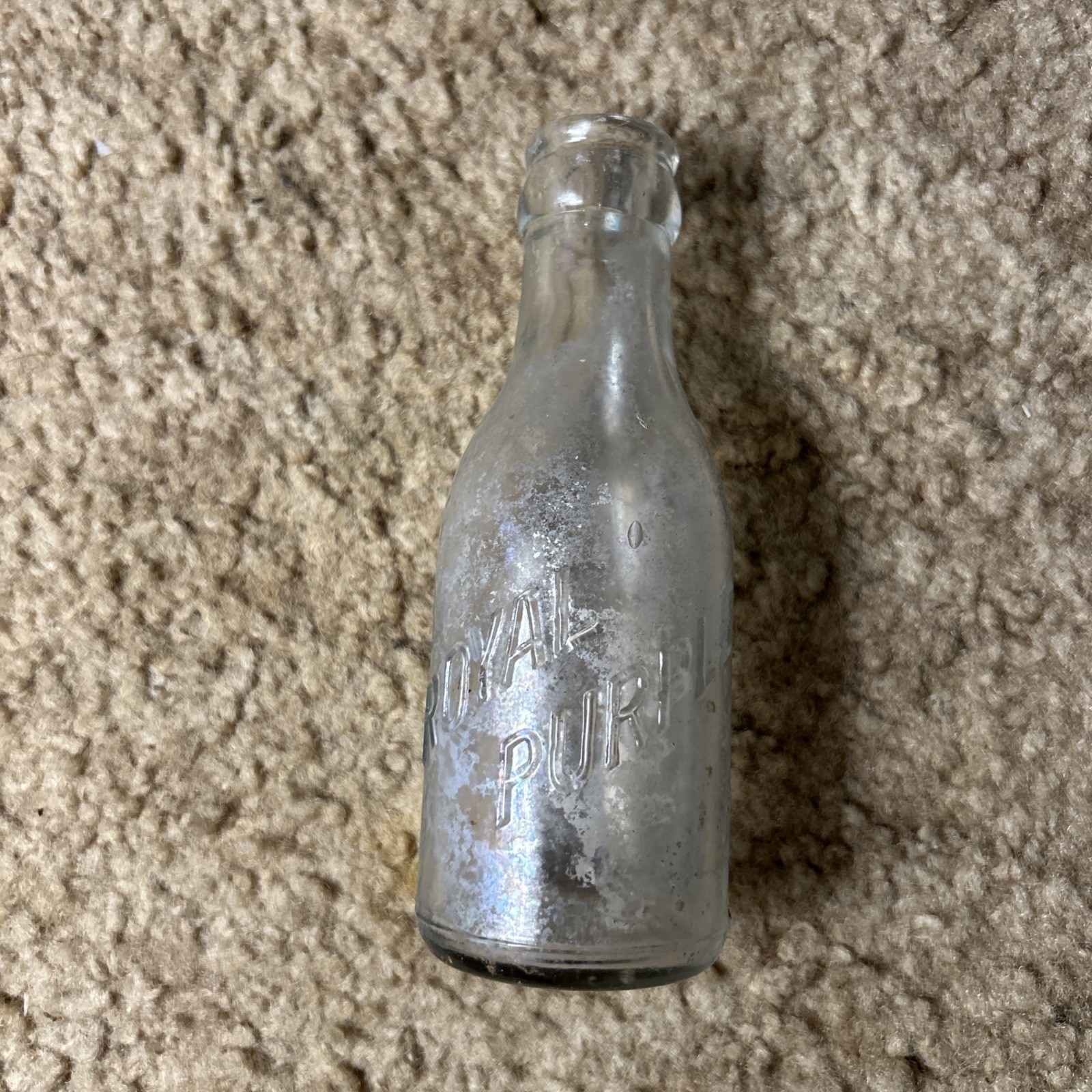 Antique 1910s Royal Purple Grape Juice Bottle Clear Embossed Glass Small 5 1/4 Antique 1910s Royal Purple Grape Juice Bottle Clear Embossed Glass Small 5 1/4