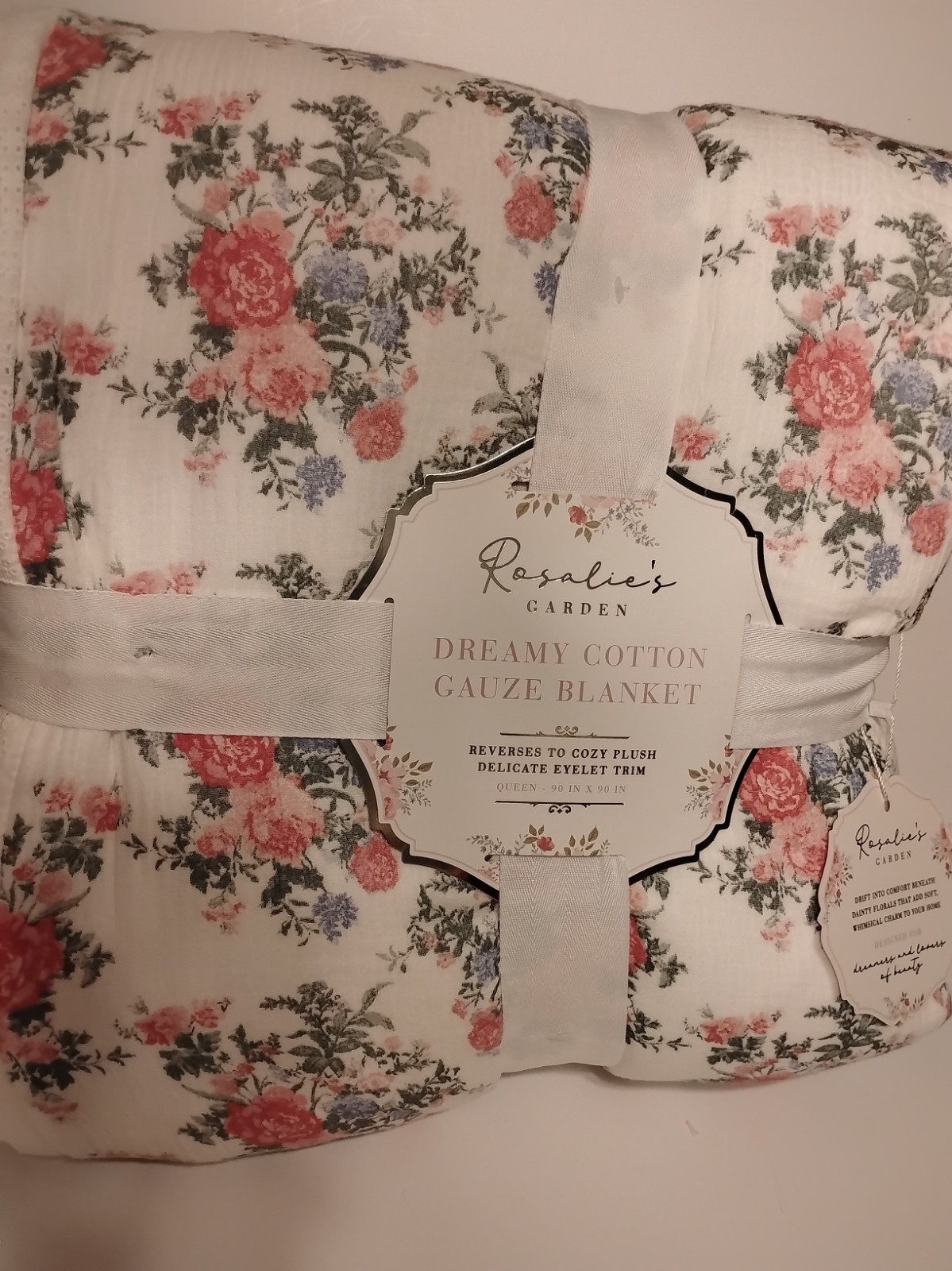 Envogue Rosalie Coquette  Pink Blue Rose Reversible Gauze Blanket Eyelet Trim