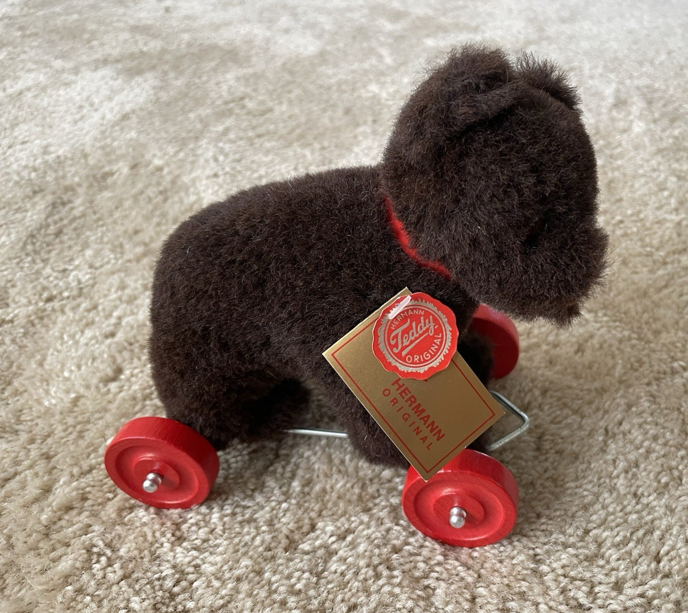 Vintage Hermann Germany Plush Dark Brown Teddy Bear on Red Wheels With Tags 7 Vintage Hermann Germany Plush Dark Brown Teddy Bear on Red Wheels With Tags 7