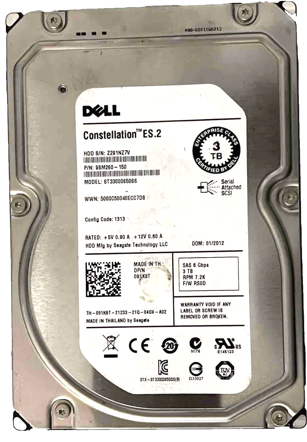 3.5 inch Dell Constellation Internal HDD 3Tb 7200 RPM 6Gbps SAS ST33000650SS