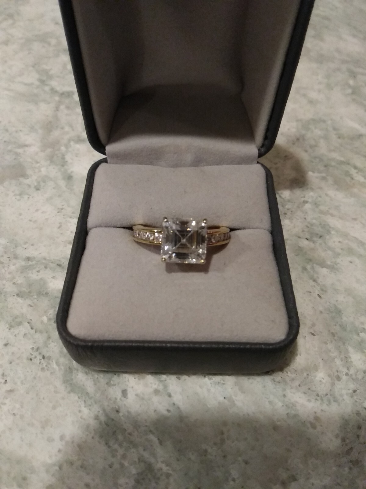 9mm Asscher Cut Moissanite Ring in Yellow Gold over Sterling Silver Sz 7 4.10ctw