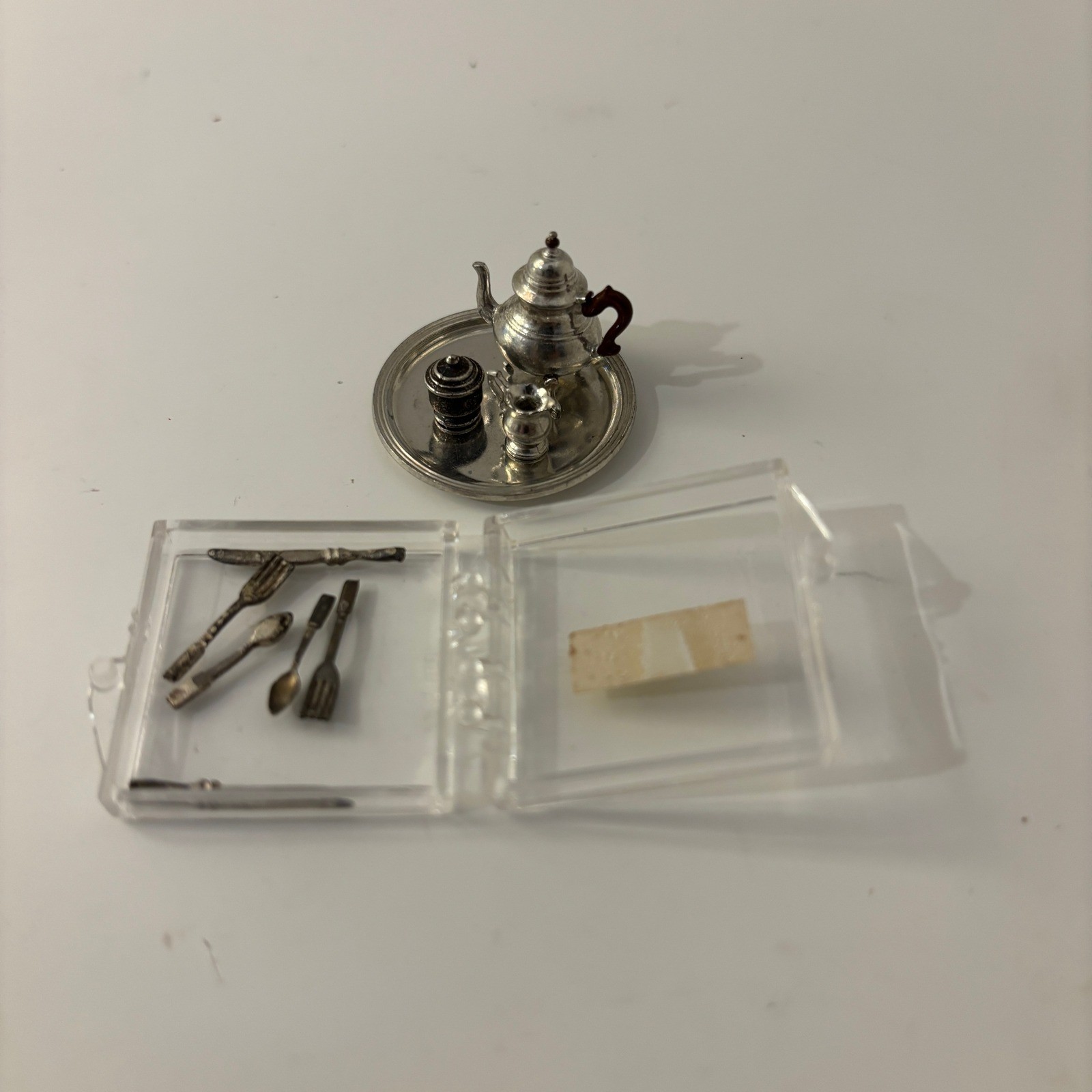 VTG Stieff Pewter Dollhouse Williamsburg Tea Set & Chrysnbon Flatware 1:12