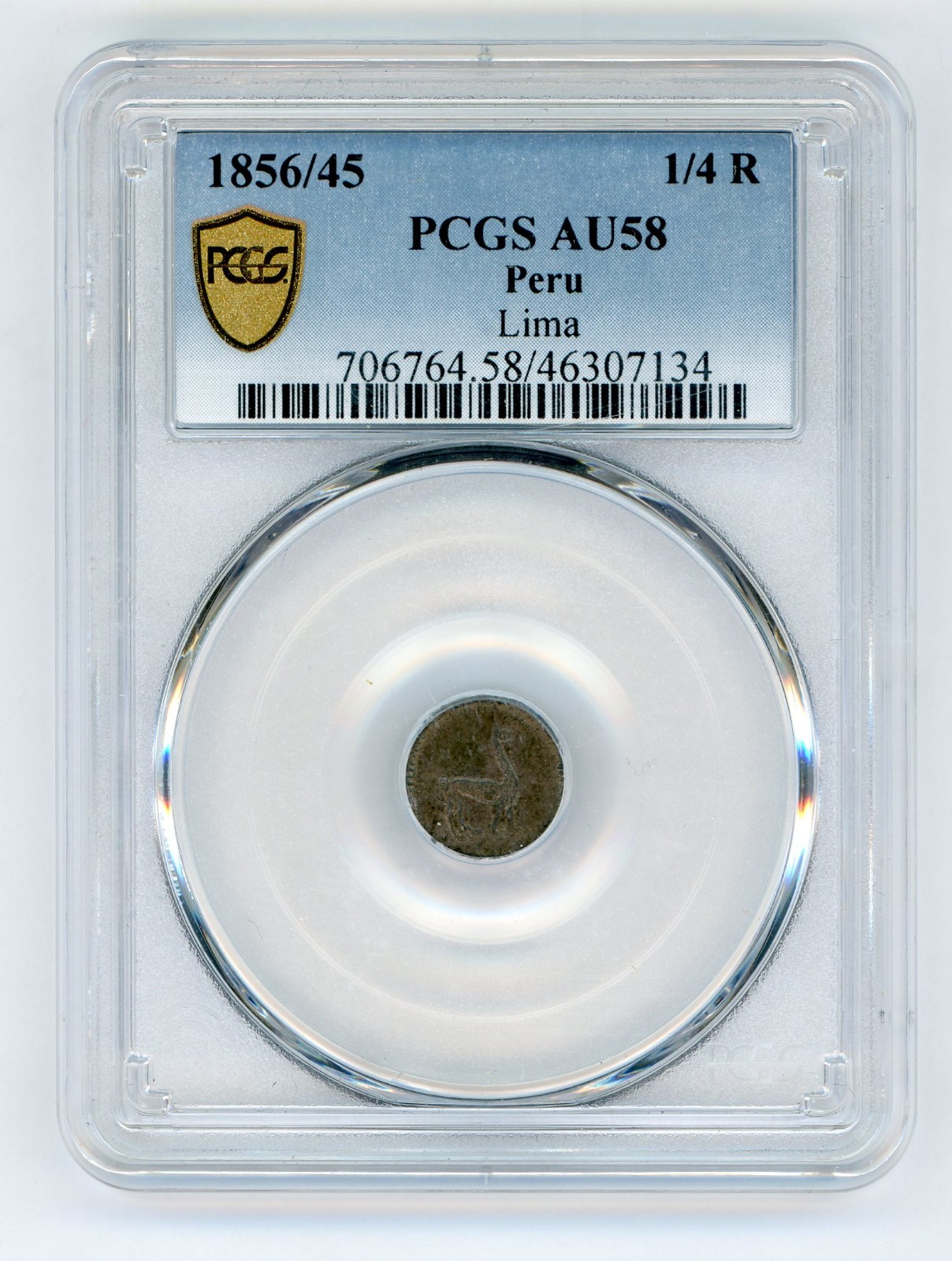 PERU 1856/45 1/4 REAL SILVER COIN SLABBED PCGS AU 58 KM# 143.1 AS SHOWN
