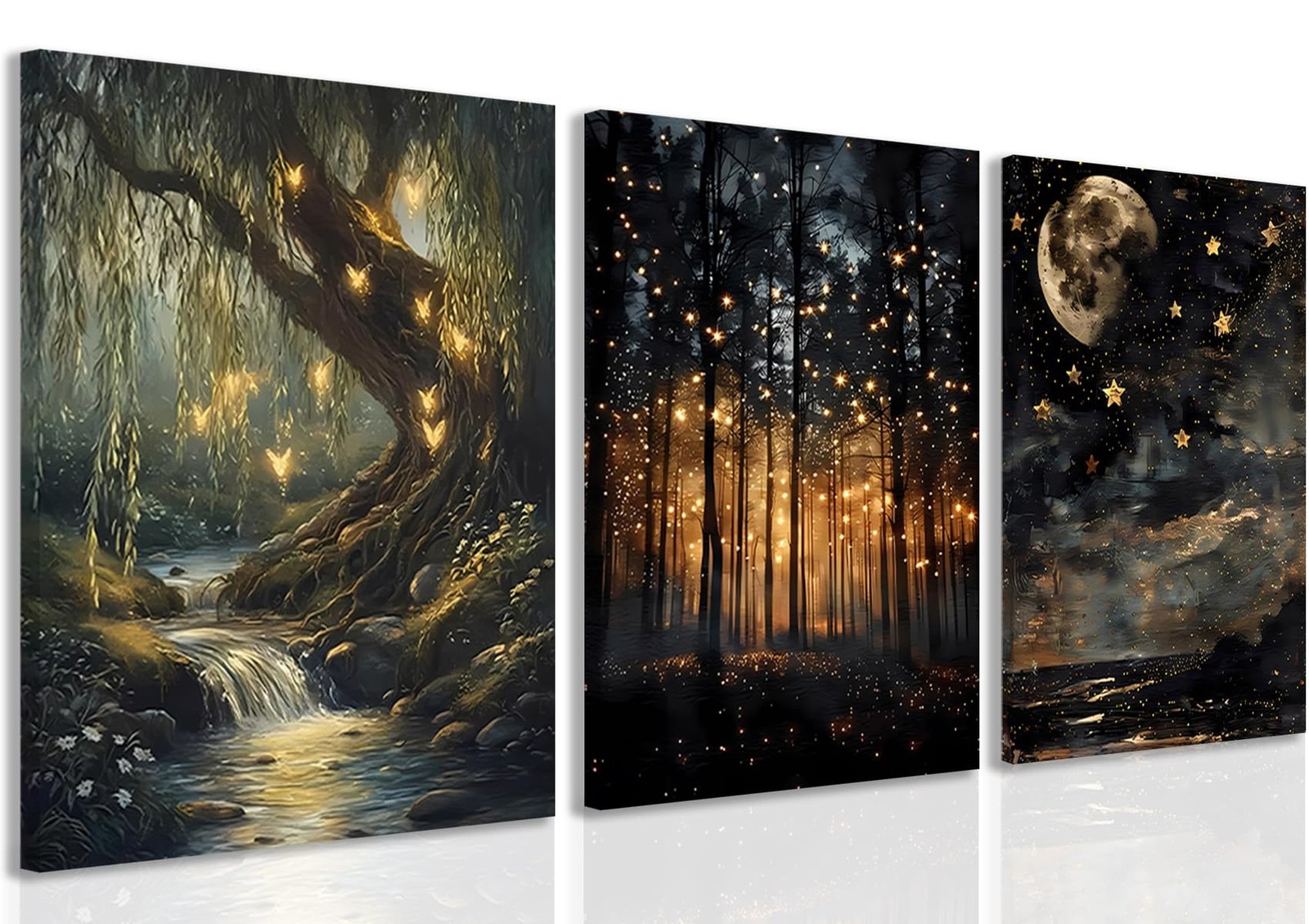 Tranquil Night Forest Framed Canvas Posters Set of 3 Wall art,Moon Fireflies ...