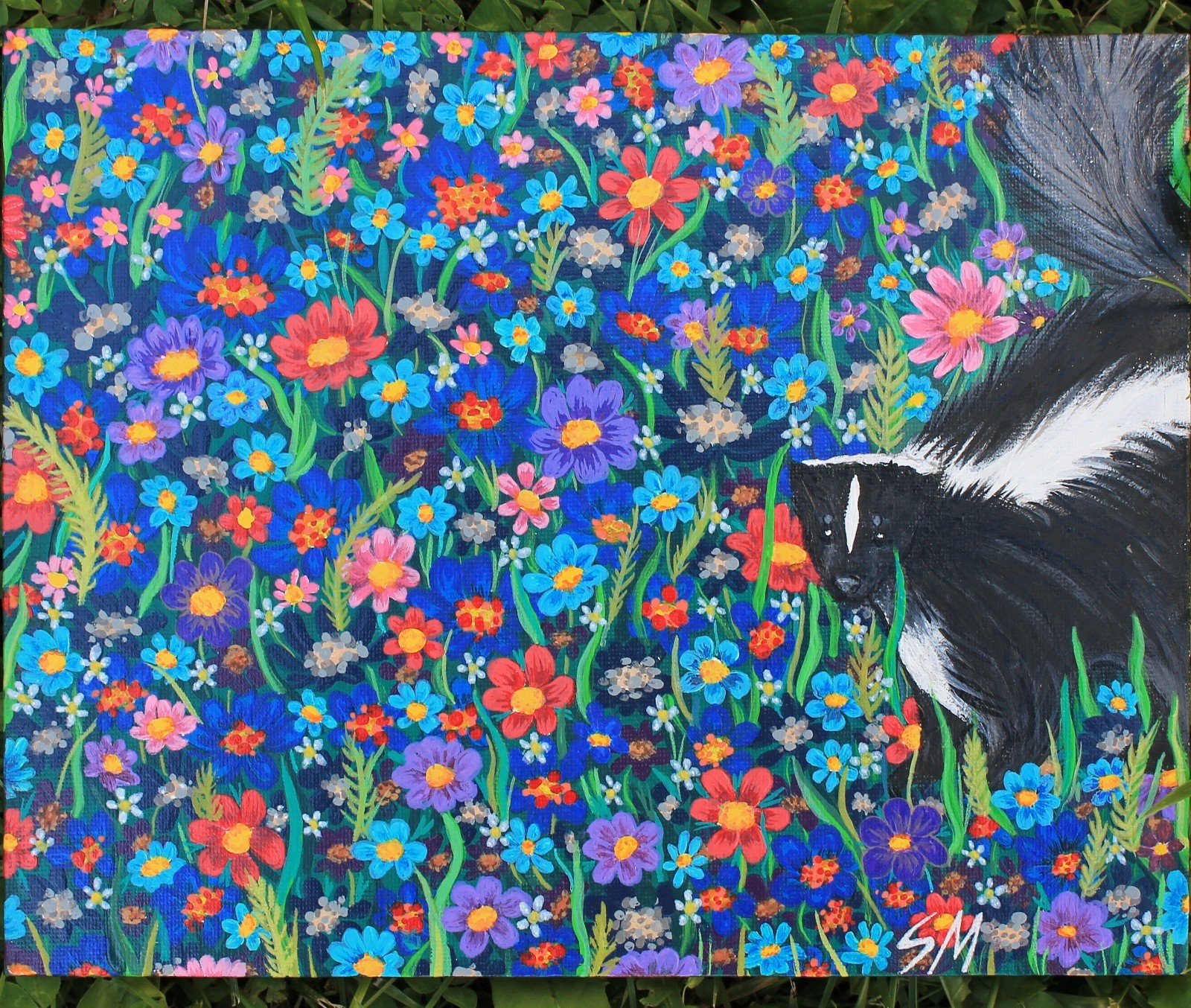 OOAK Original art floral acrylic painting on canvas Skunk in flowers 8\ OOAK Original art floral acrylic painting on canvas Skunk in flowers 8\