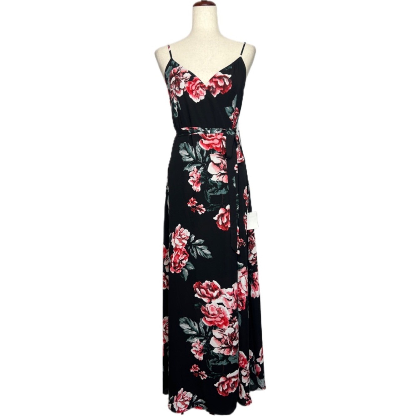 LULUS Women\'s Size S Black Floral Print Flirtation Sleeveless Wrap Maxi Dress