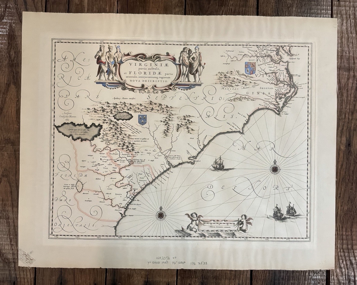 VIRGINIA FLORIDA 1640 WILLEM BLAEU LARGE ANTIQUE MAP LATIN EDITION 17TH CENTURY