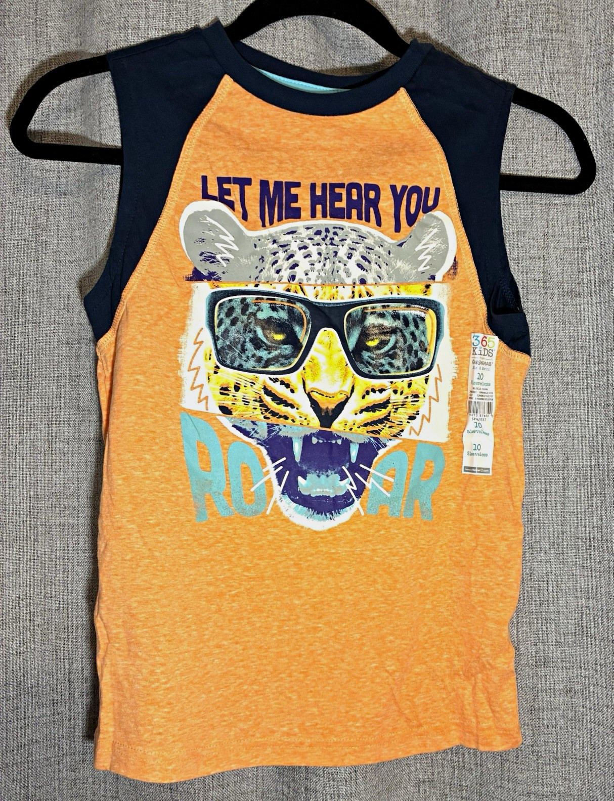 NWT 365 Kids Boys Size 10 Orange Navy Tiger Graphic Crew Neck Tank Top Tagless