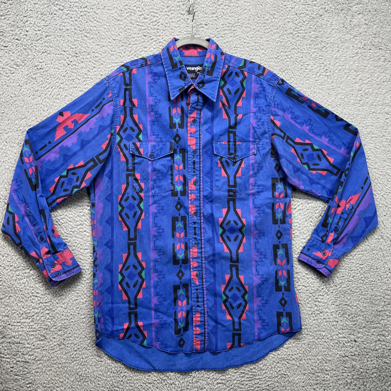 Vintage Wrangler Brushpopper Shirt Mens Large Blue Aztec Western Checotah USA