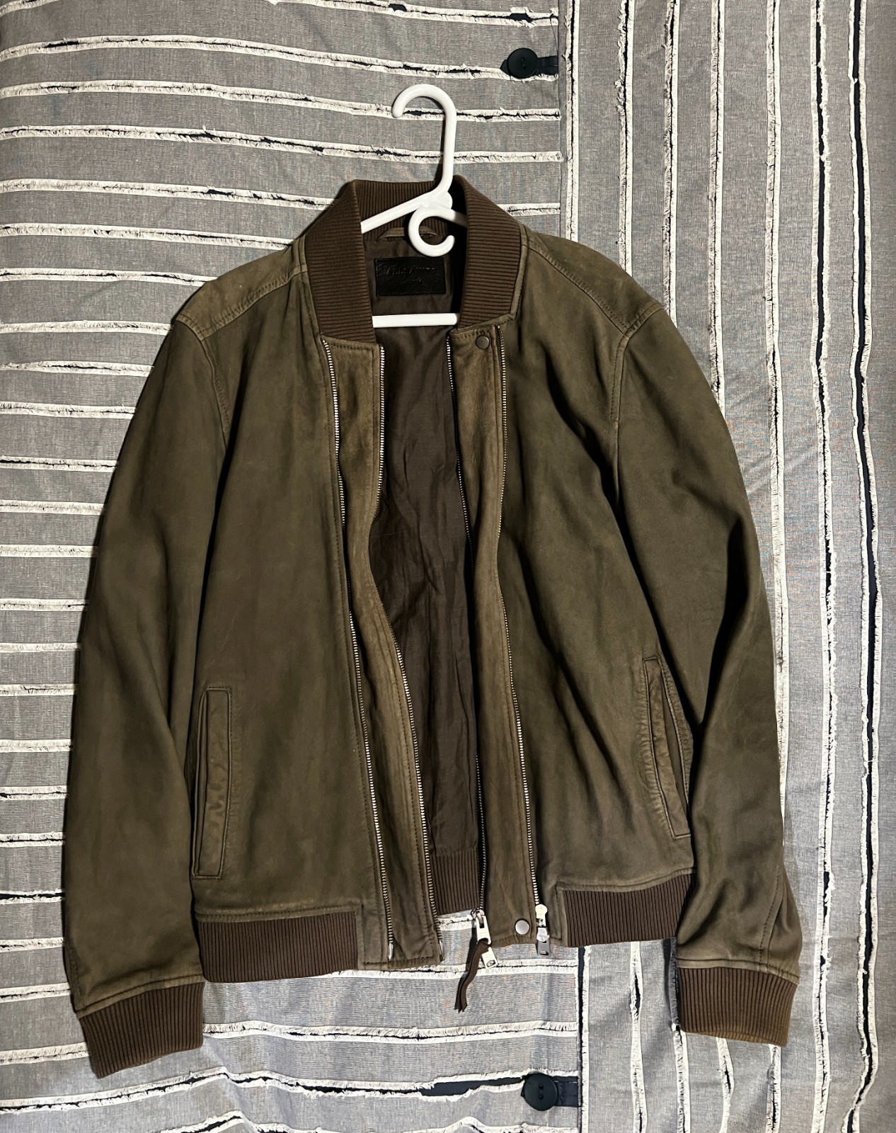 ALLSAINTS Kurne Sheep Leather Bomber Jacket Gray Olive Men\'s Medium