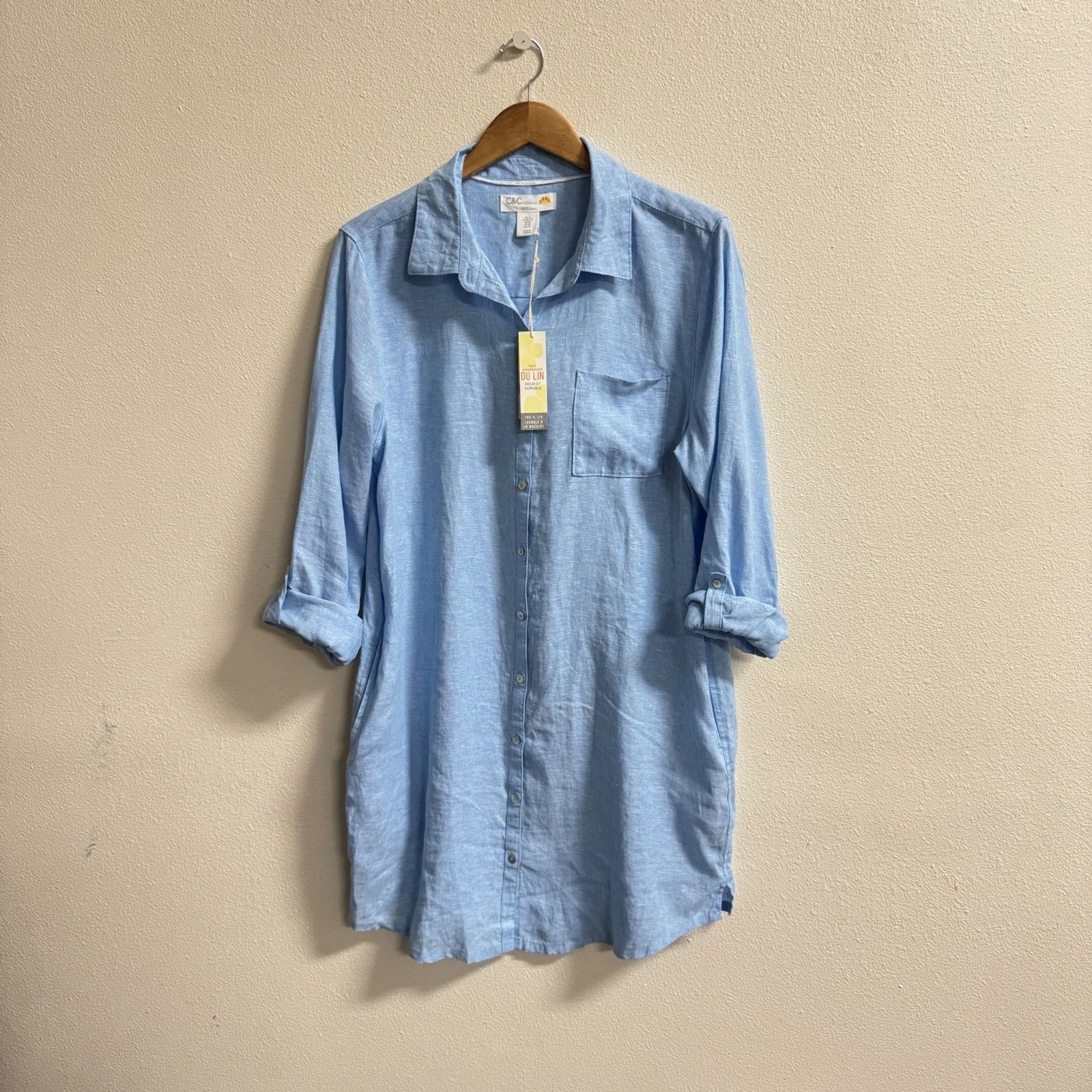C&C California Women XL Blue 100% Linen Shirt Dress Button Front NWT