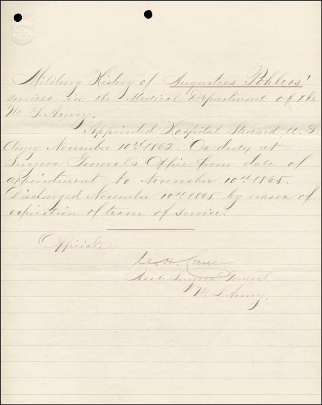 CHARLES H. CRANE - MANUSCRIPT DOCUMENT SIGNED 11/10/1865