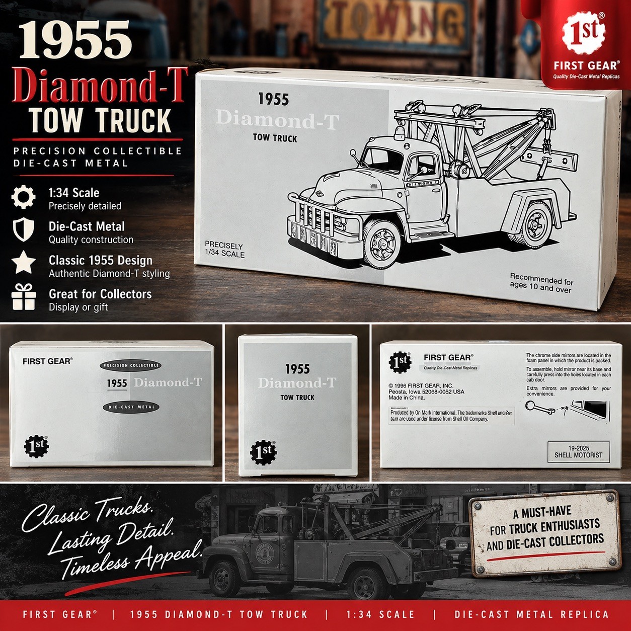 First Gear 1955 Diamond T Tow Truck Shell Motorist 1:34 Diecast 19-2025 NIB