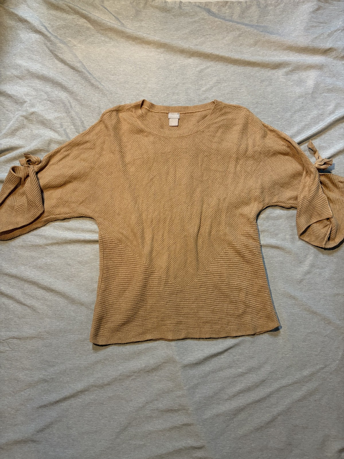 Chico’s Size 1 (Medium) Tan Knit Sweater Bell Sleeves Bow Tie Detail Pullover