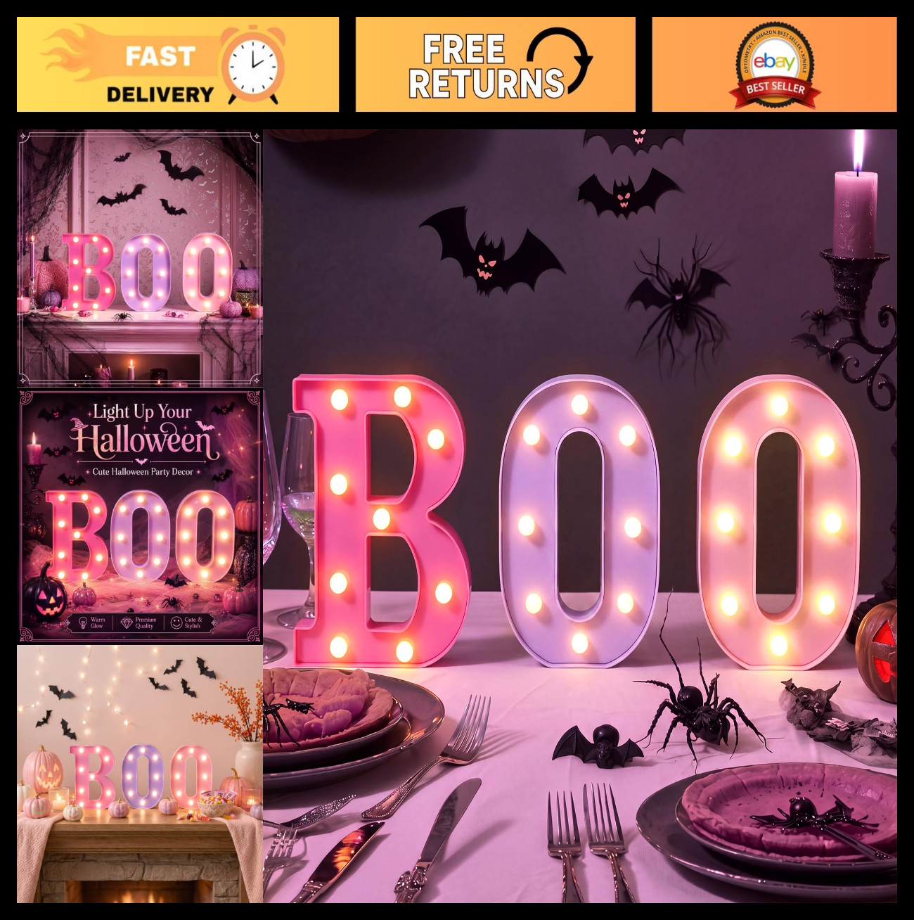3 Pcs Pink LED Marquee Letters - Halloween Boo Sign, Decorative Light Up Decor 3 Pcs Pink LED Marquee Letters - Halloween Boo Sign, Decorative Light Up Decor