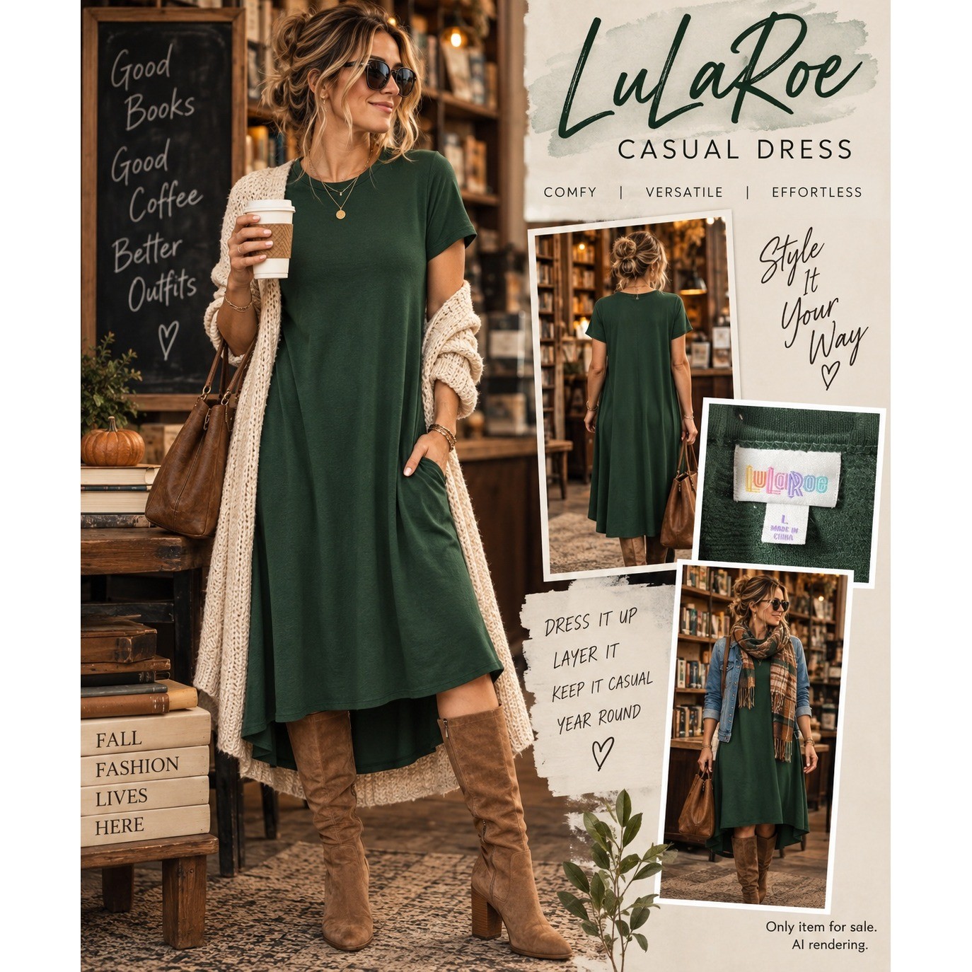 LuLaRoe Large Carly Dress Forest Green High Low Swing Pocket Casual Minimalist