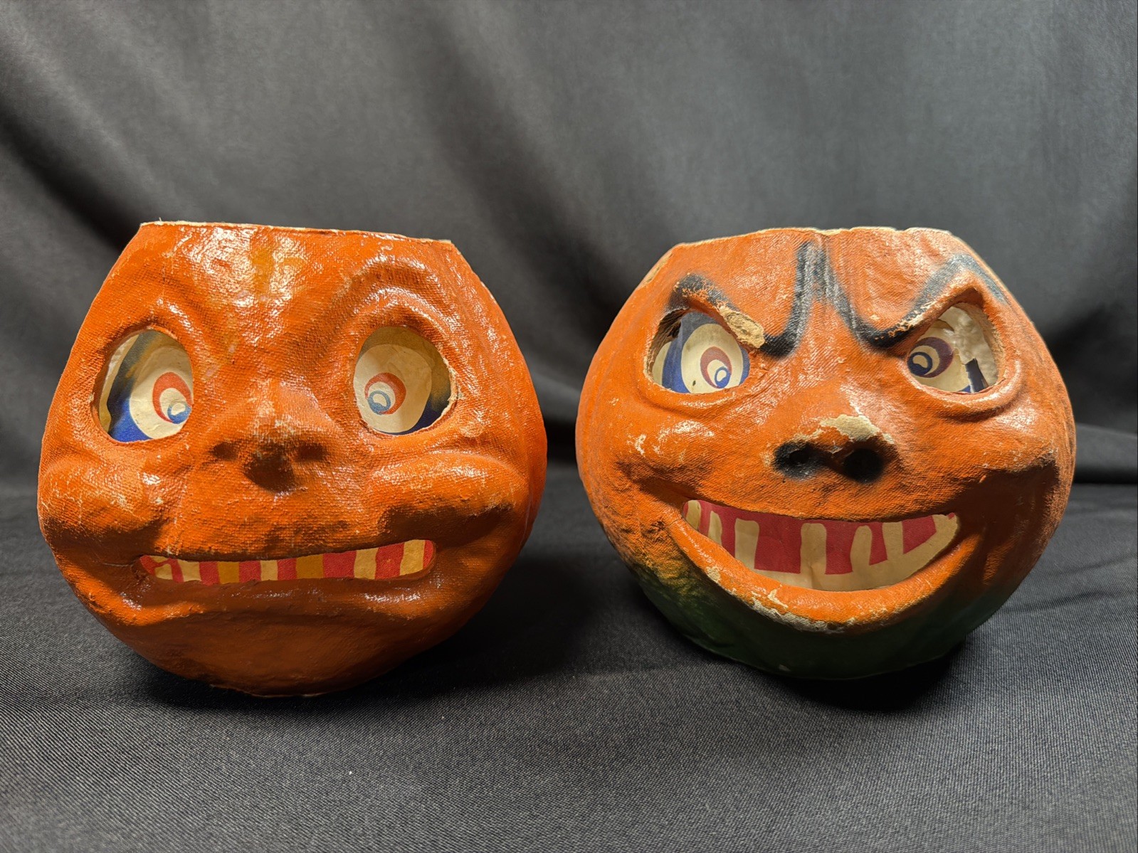 2 Vintage Antique Paper Mache Halloween Pumpkin Jack O Lantern RARE Faces 2 Vintage Antique Paper Mache Halloween Pumpkin Jack O Lantern RARE Faces