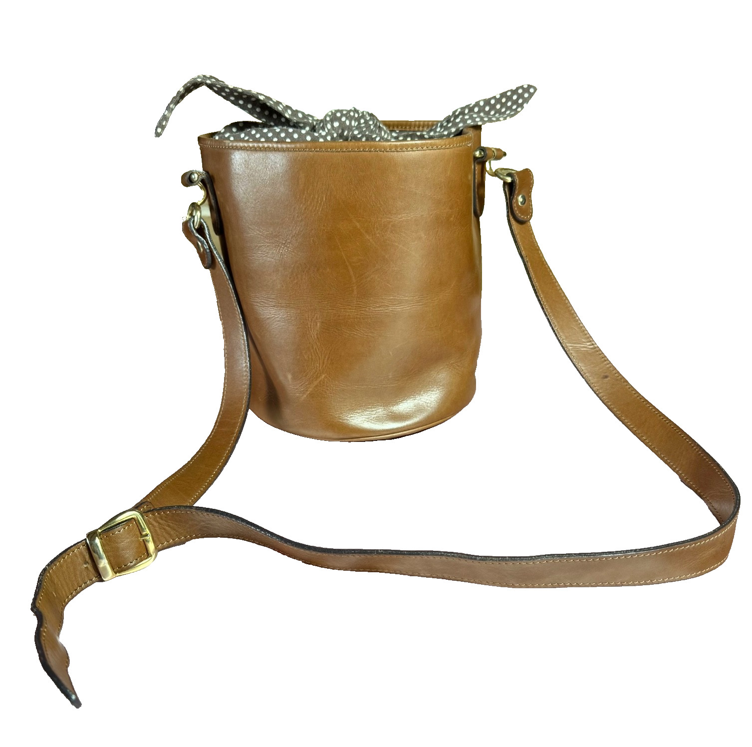 Vintage 1990s Italian Brown Leather Bucket Purse Scarf Tie Florence Italy NWOT