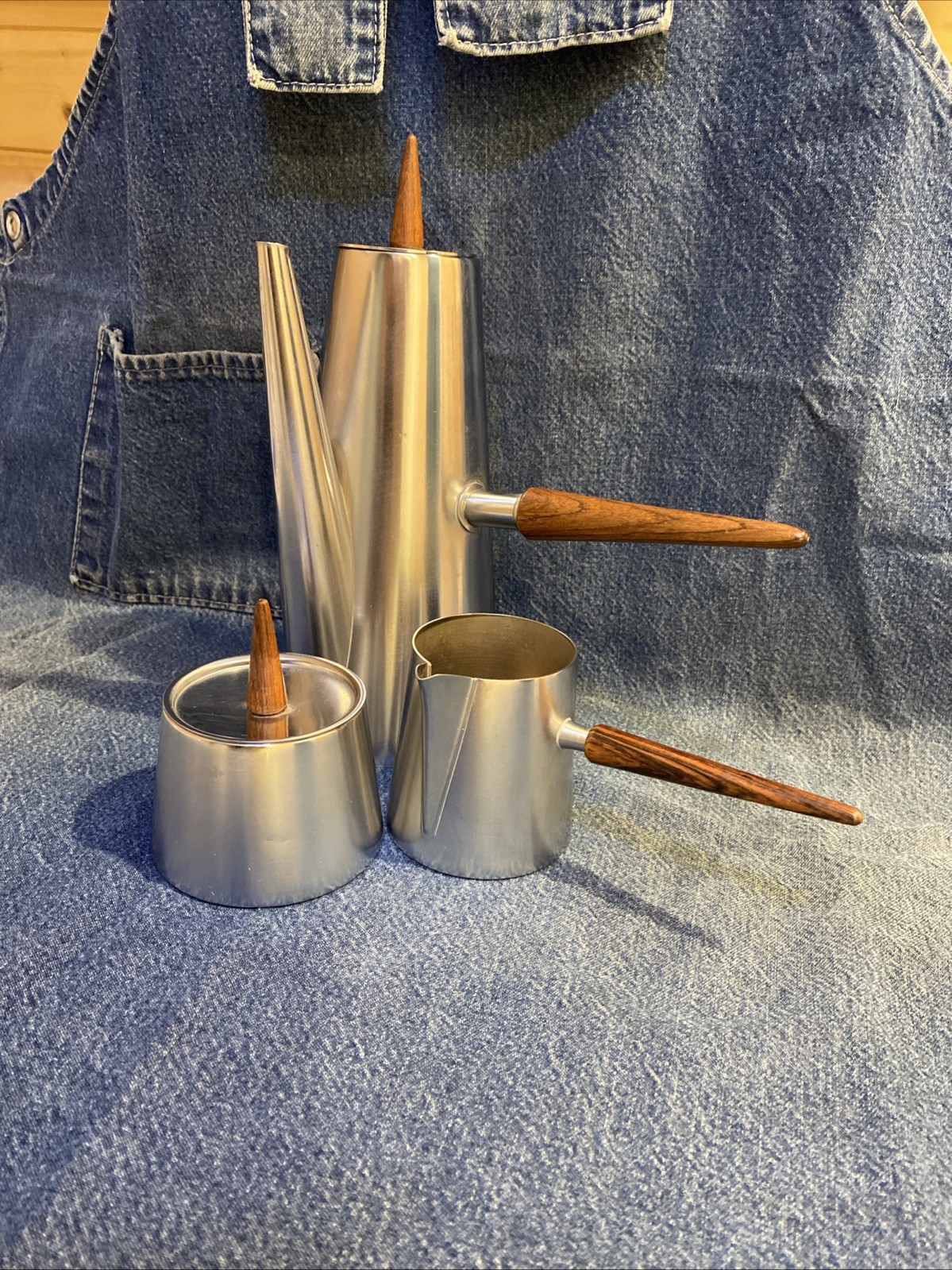 Vintage MCM Mid Century Danish Modern Stainless @ Teak Coffee Set Signed Vintage MCM Mid Century Danish Modern Stainless @ Teak Coffee Set Signed