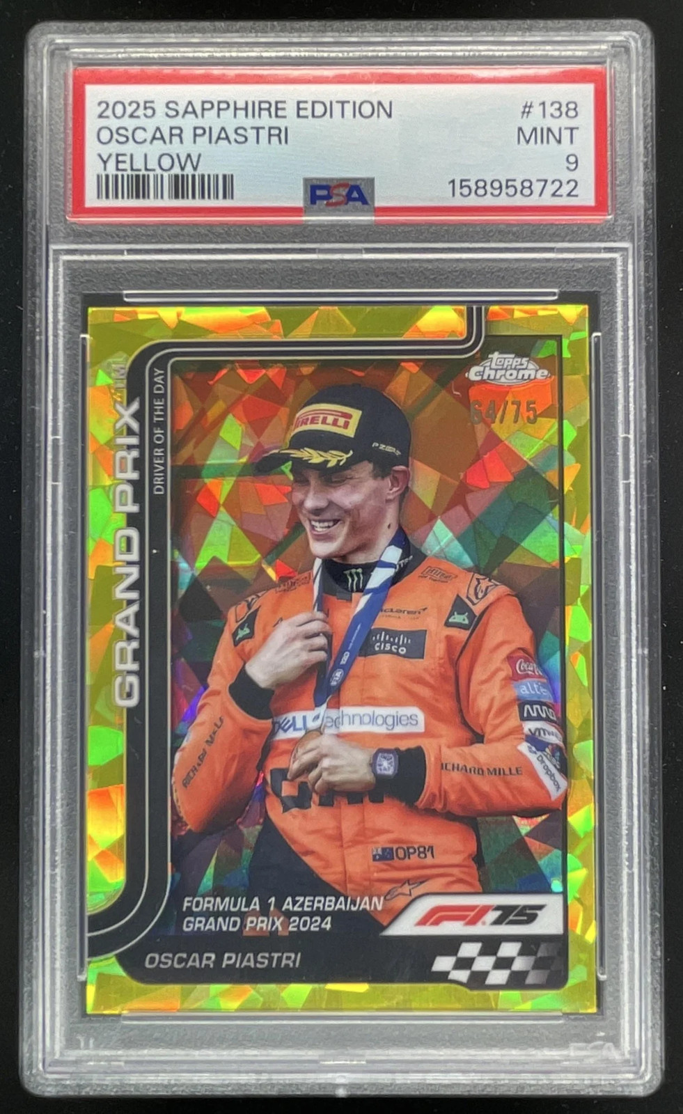 2025 Topps Chrome Sapphire F1 Yellow #138 Oscar Piastri Grand Prix /75 PSA 9