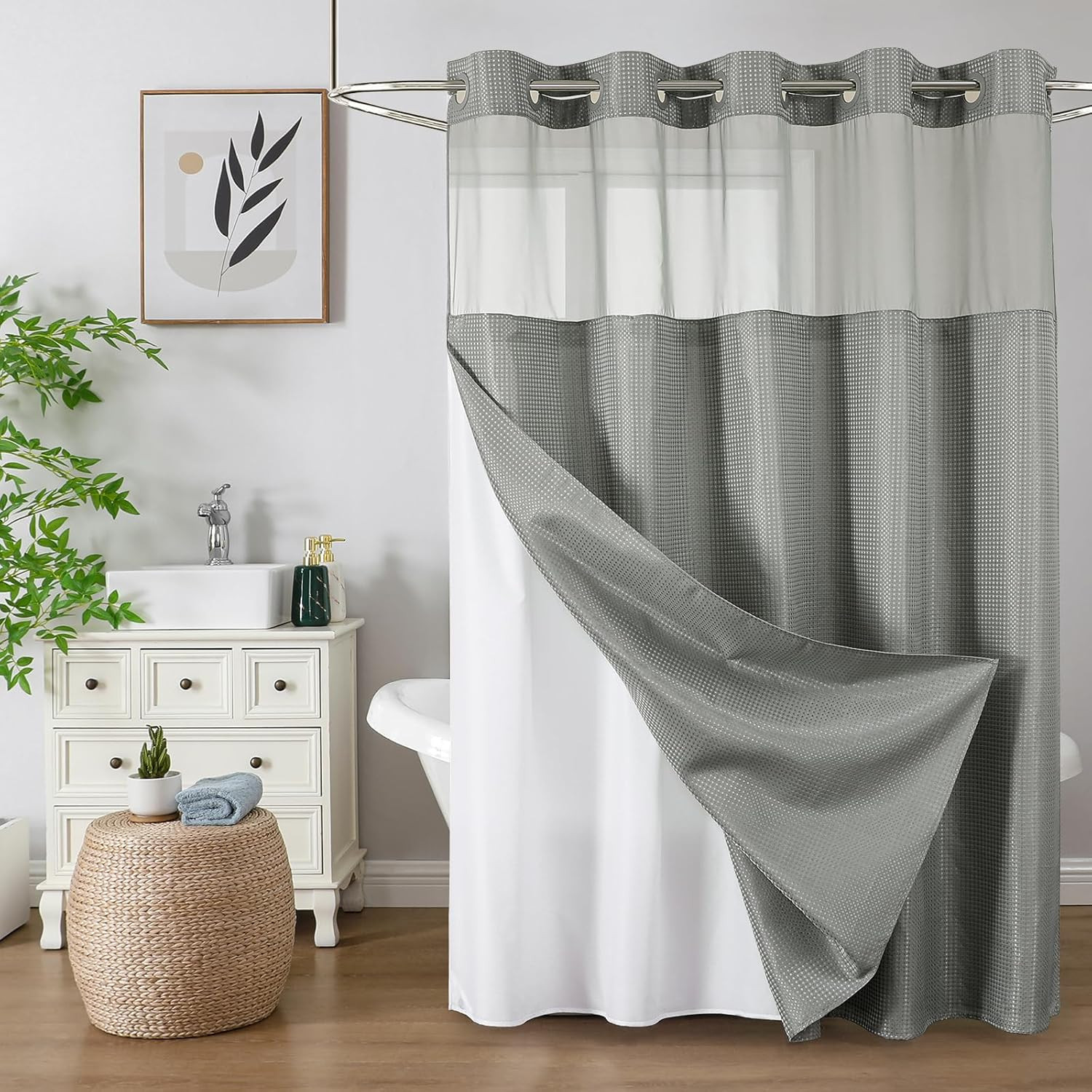 Small Stall Shower Curtain with Snap in Fabric Liner, Waffle Weave No Hook Showe