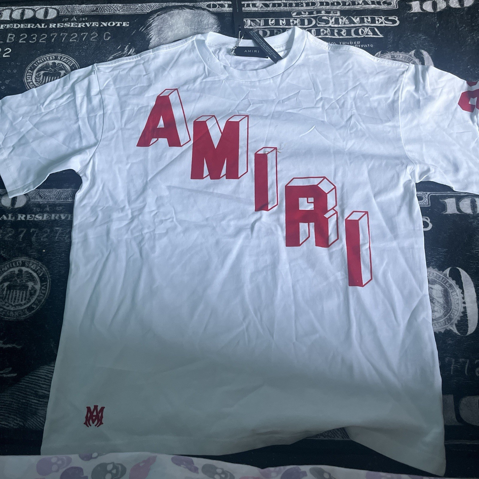 AMIRI Men\'s M White/Red Logo Graphic Print Jersey Cotton Crew Neck T-Shirt AMIRI Men\'s M White/Red Logo Graphic Print Jersey Cotton Crew Neck T-Shirt