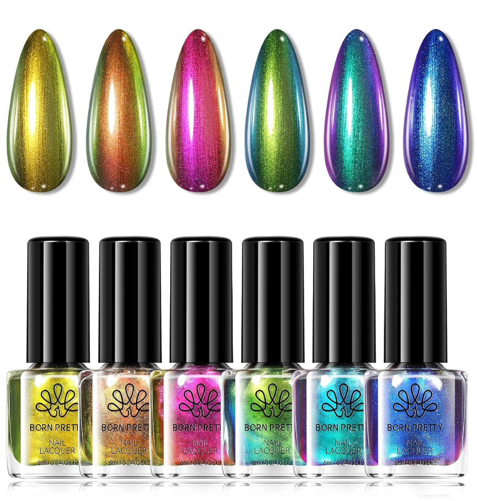 Born Pretty Chameleon Nail Polish Set, 6 Colors Chrome Holographic Metallic Glit