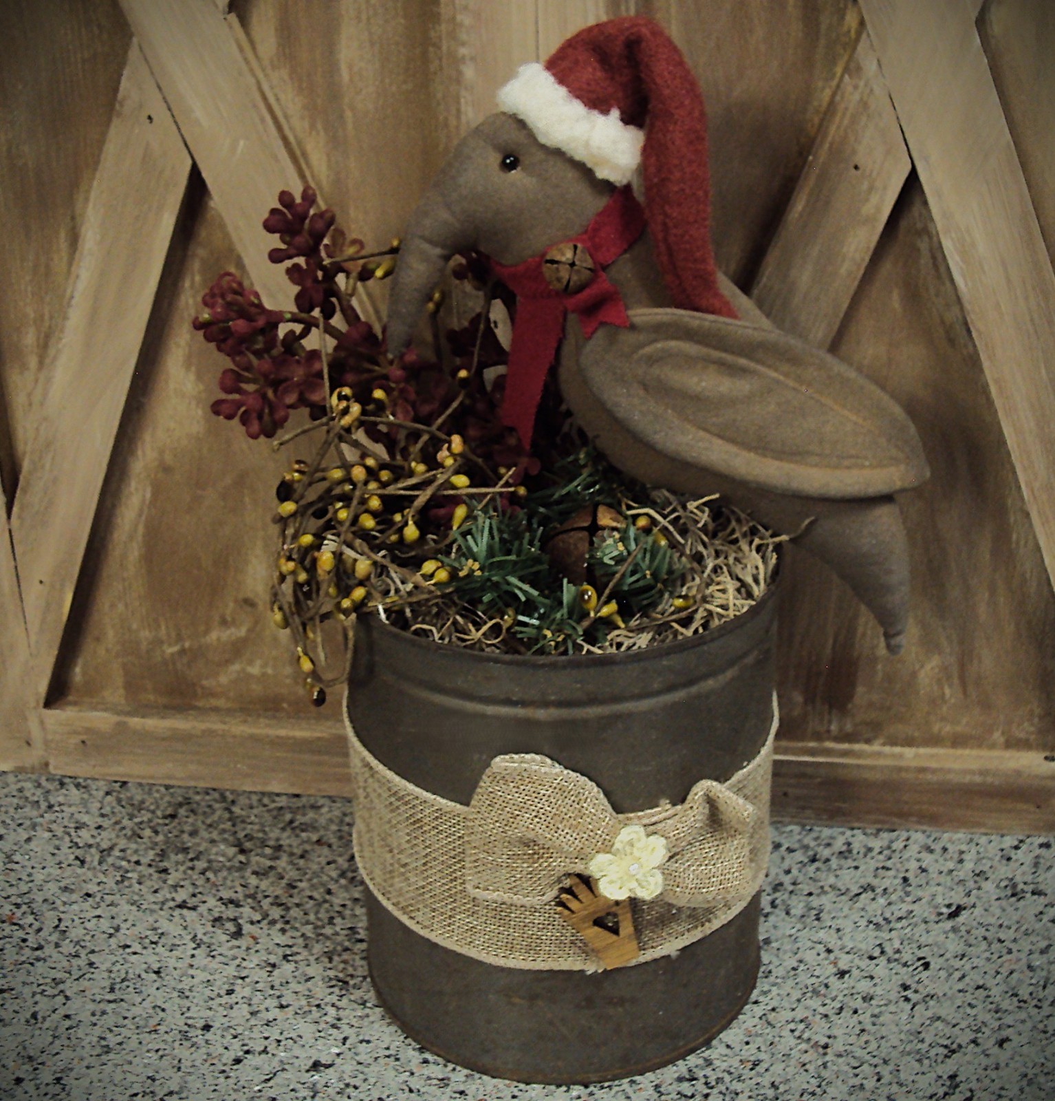 Primitive Farmhouse Christmas Santa CROW Cloth Doll Folk Art Rusty Tin Can