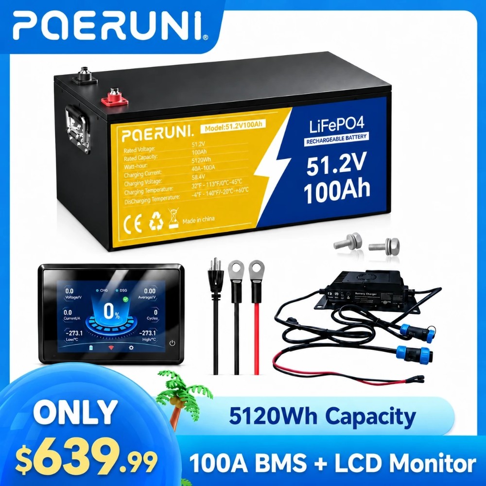 POERUNI 48V 100Ah LiFePO4 Lithium Battery BMS With 58.4V 20A Charger+LCD Monitor