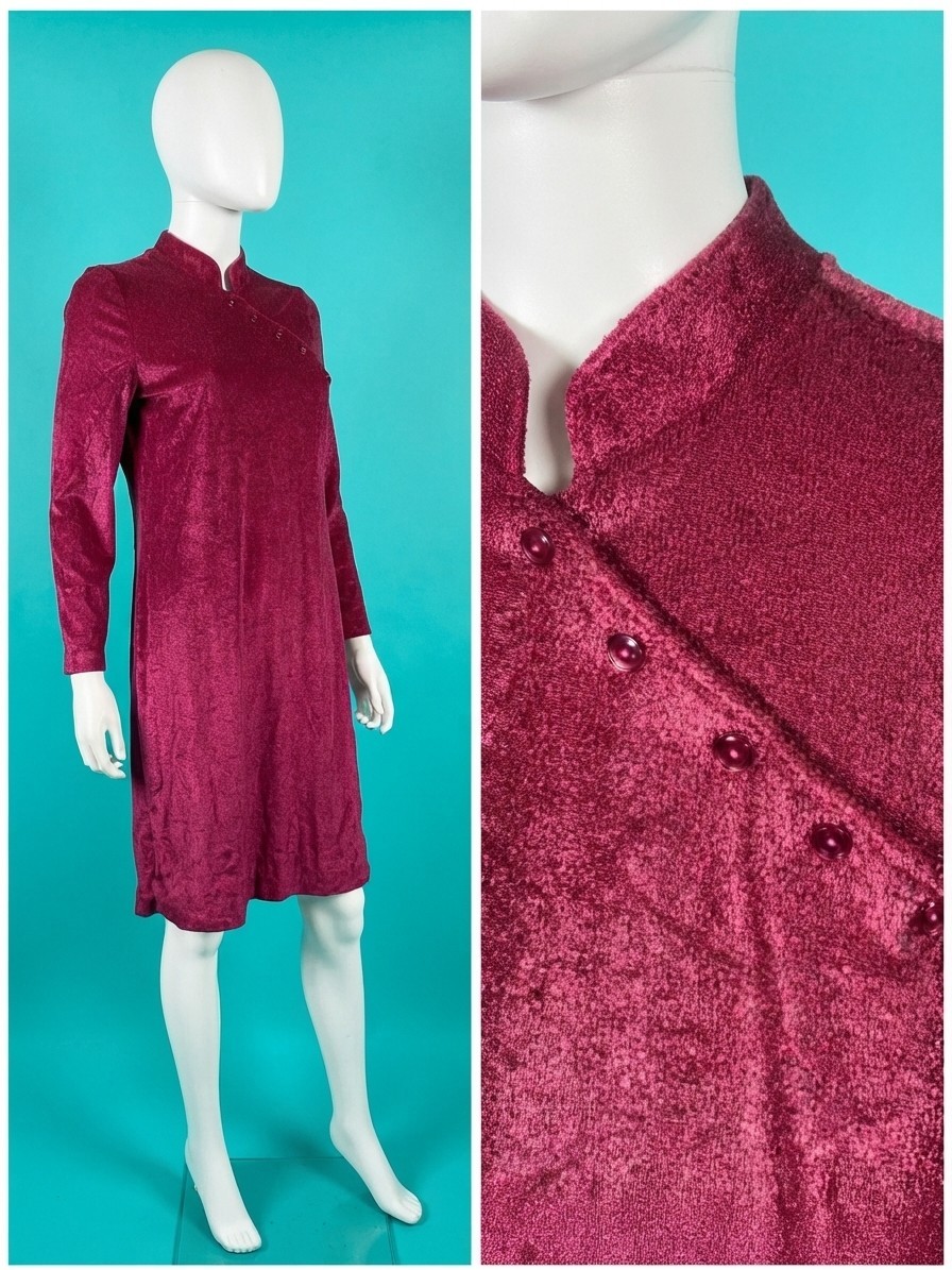 Vintage 1970s Jewel Tone Raspberry Textured Velour Dress Size S