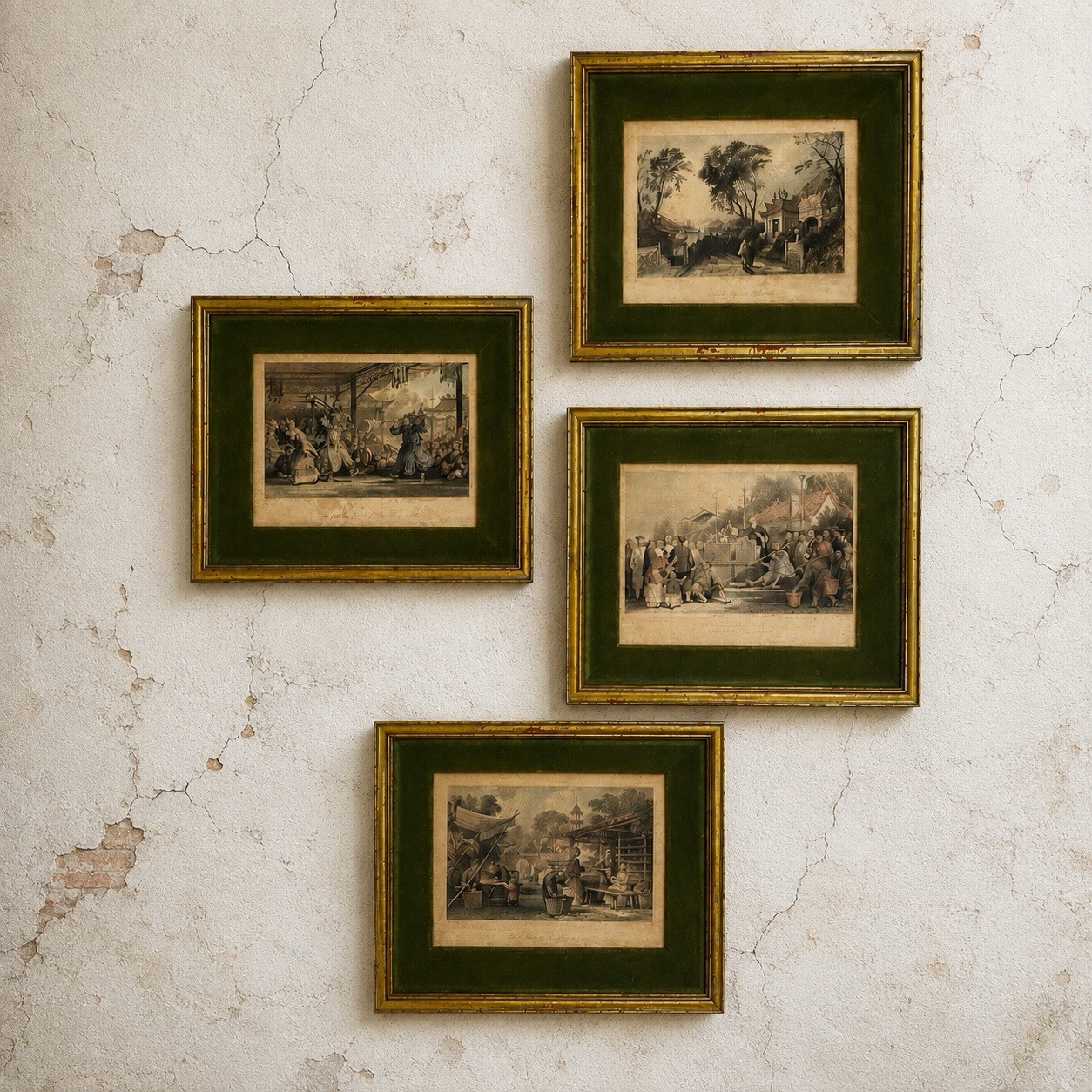 Antique c1843 Thomas Allom China 4 Hand Colored Steel Engravings Framed