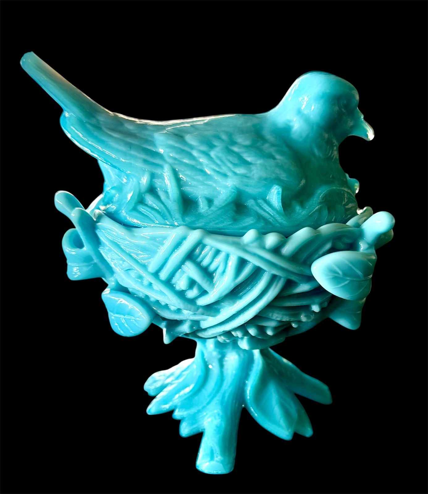 Vintage Westmoreland Blue Milk Glass Robin on Nest Pedestal Covered Candy Dish