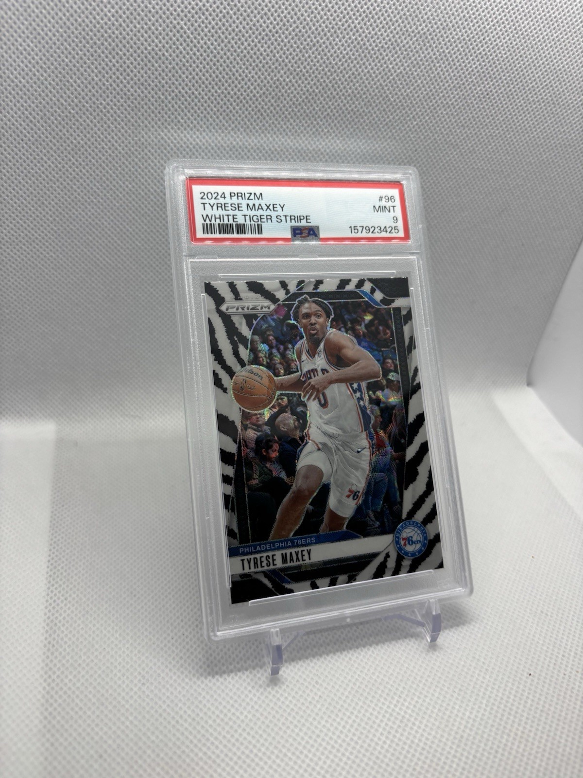 Panini 2024-25 Prizm Tyrese Maxey White Tiger Stripes #96 PSA 9 🔥