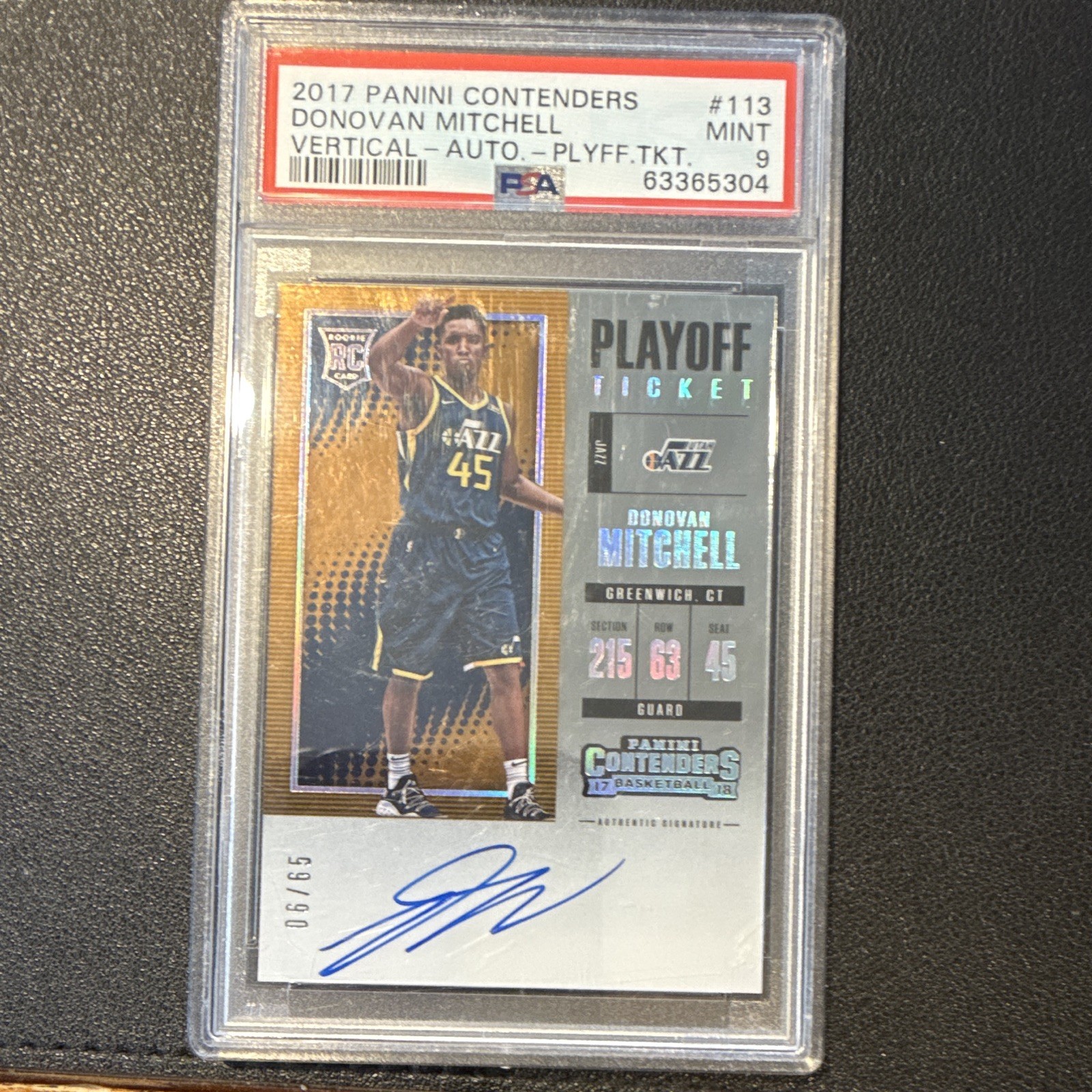 Panini 2017-18 Contenders Donovan Mitchell RC Auto Playoff Ticket #113 PSA /65