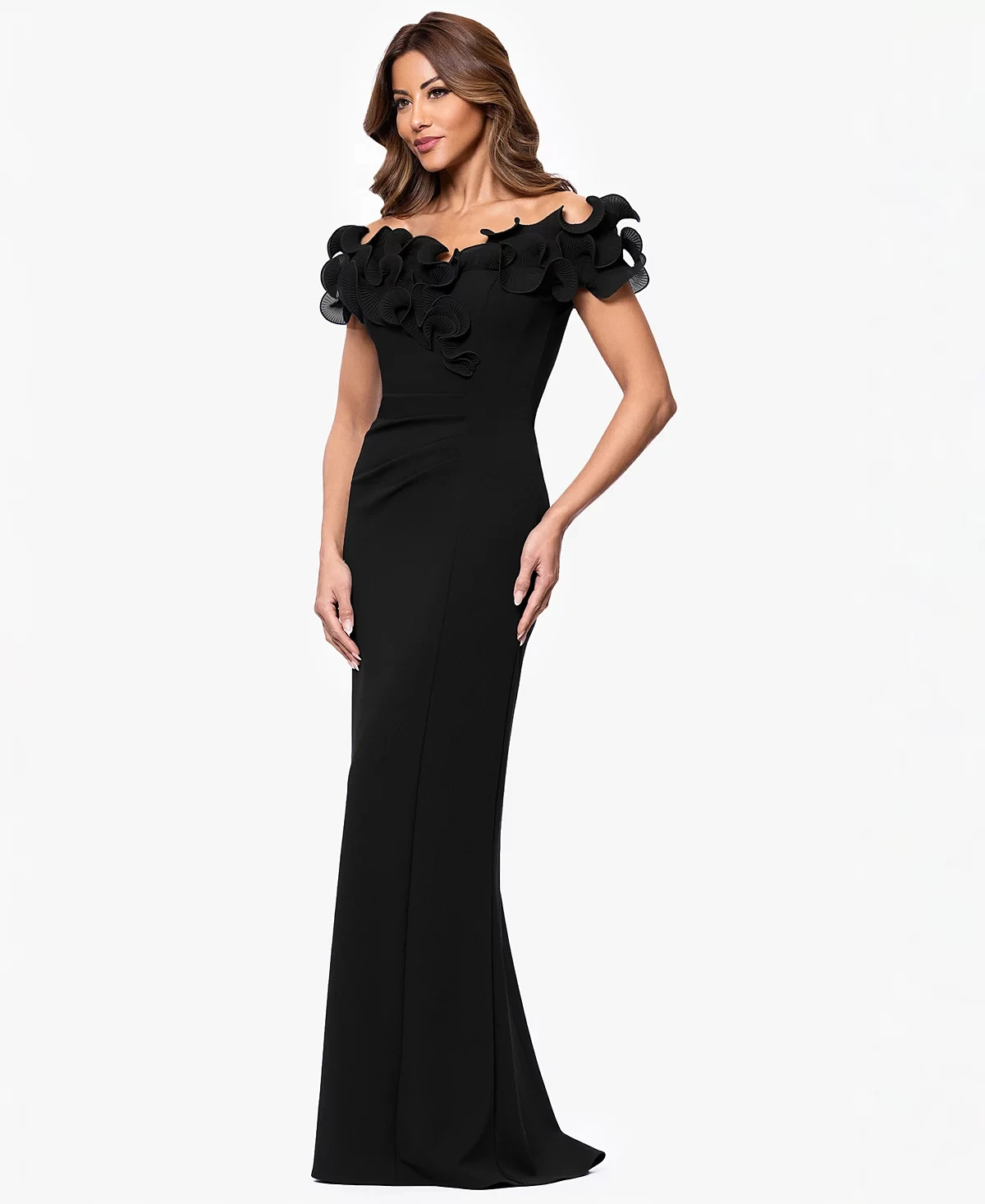 Xscape Black Ruffle Off the Shoulder Scuba Crepe Gown Size 16 $249 Xscape Black Ruffle Off the Shoulder Scuba Crepe Gown Size 16 $249