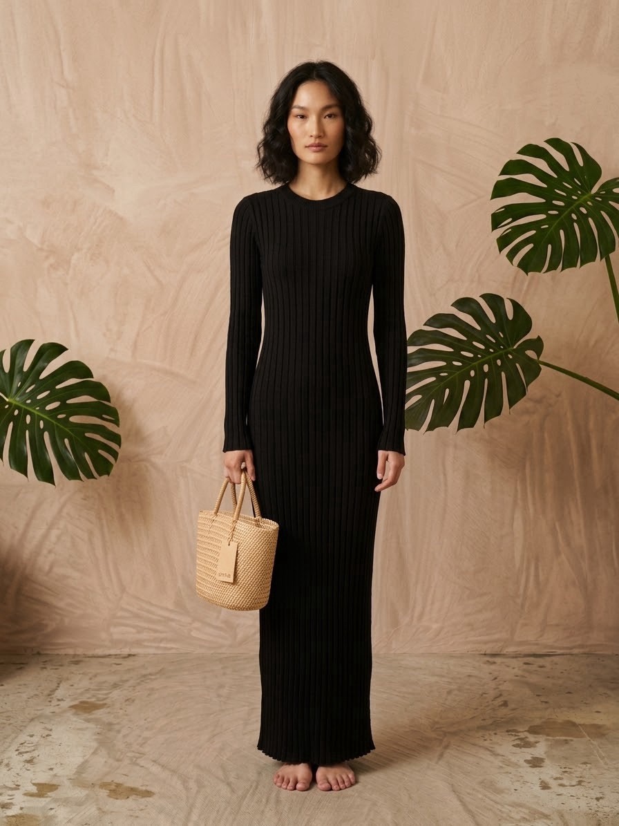 NEW DISSH Ada Black Ribbed Knit Maxi Dress M Long Sleeve Tie Back Women\'s
