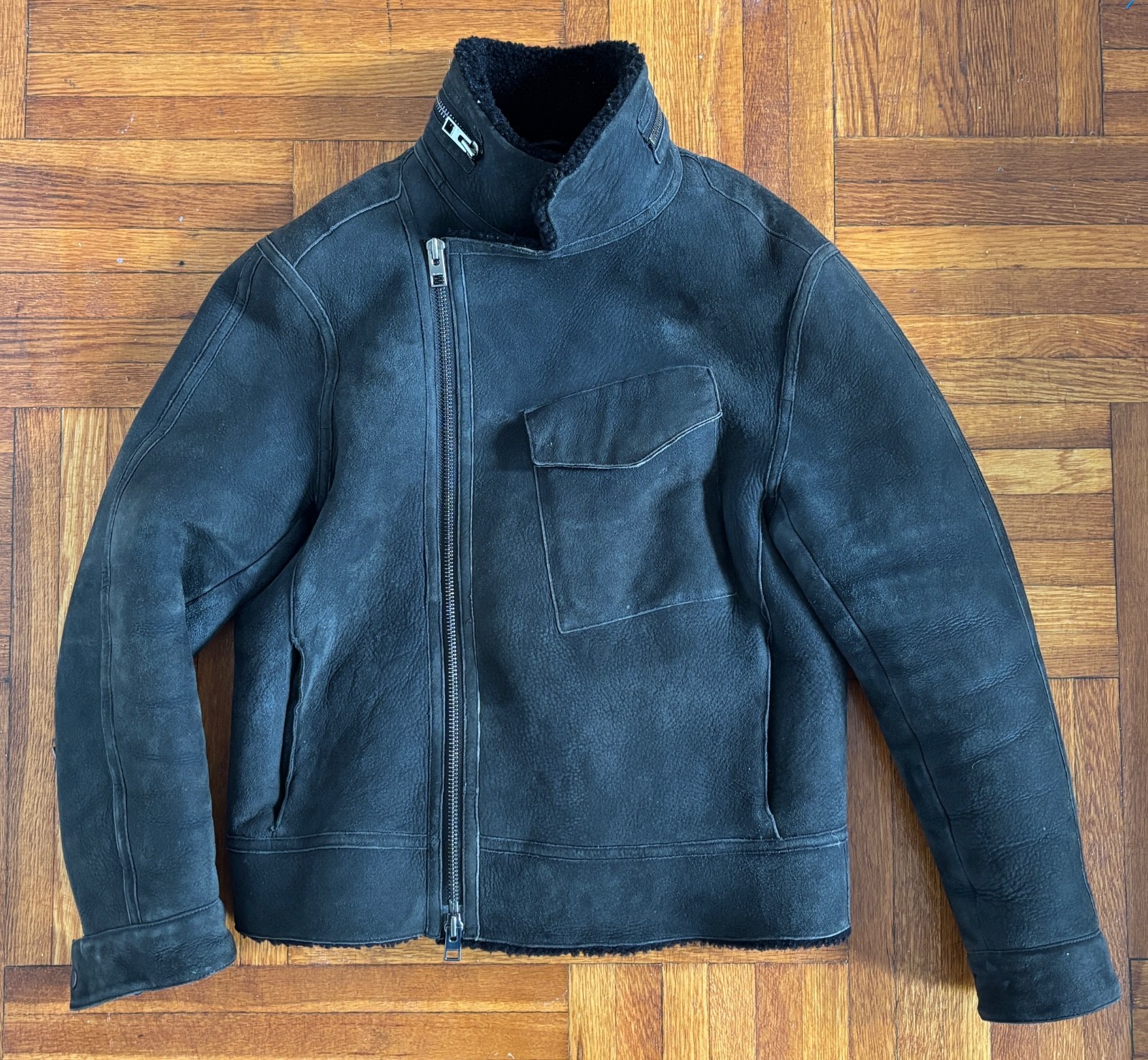 All Saints Shearling Leather Jacket Black Small Drayford Sheepskin Aviator