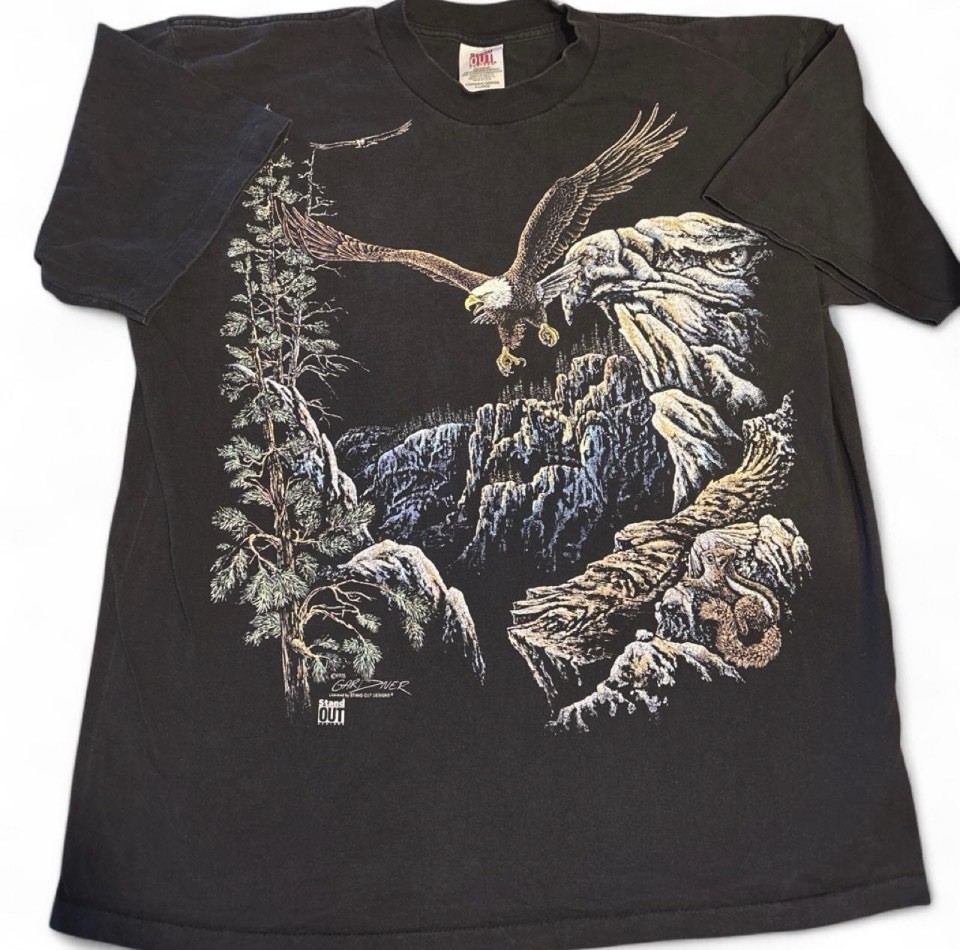 Stand Out Designs 90s Vintage Nature T Black EagleCotton Knit mens XL. Stand Out Designs 90s Vintage Nature T Black EagleCotton Knit mens XL.