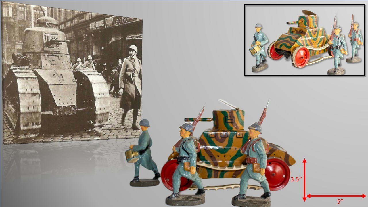 1930's Post-WWI French Tin Clockwork Tank W/Elastolin French Soldiers
