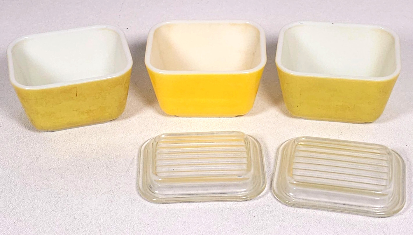 Lot 3 Vintage Pyrex 501-B 1 1/2 Cup Green Yellow Refrigerator Dish w 2 Lids READ