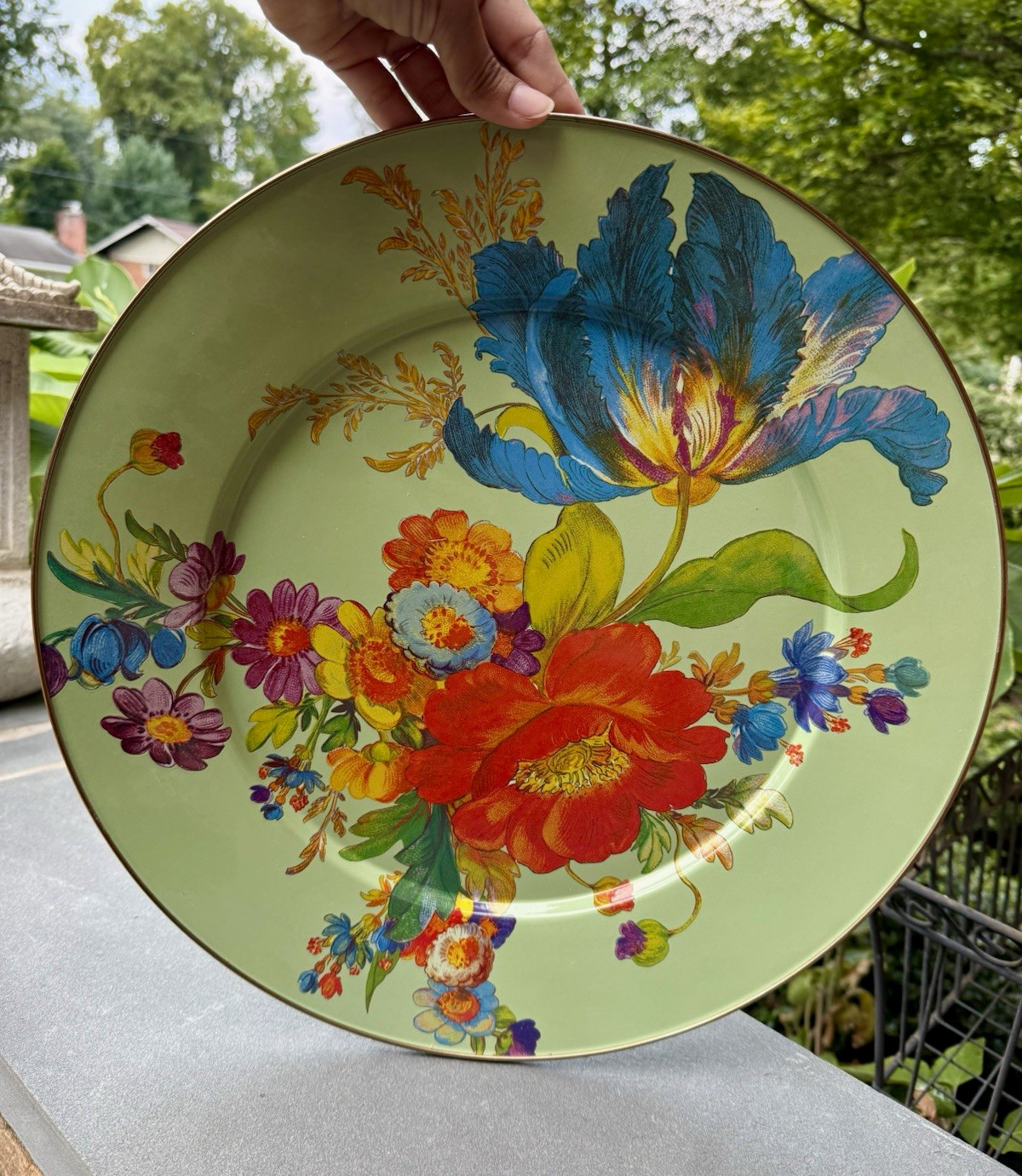 MacKenzie Childs Flower Market GREEN 16” Round Serving Platter Enamelware MINT