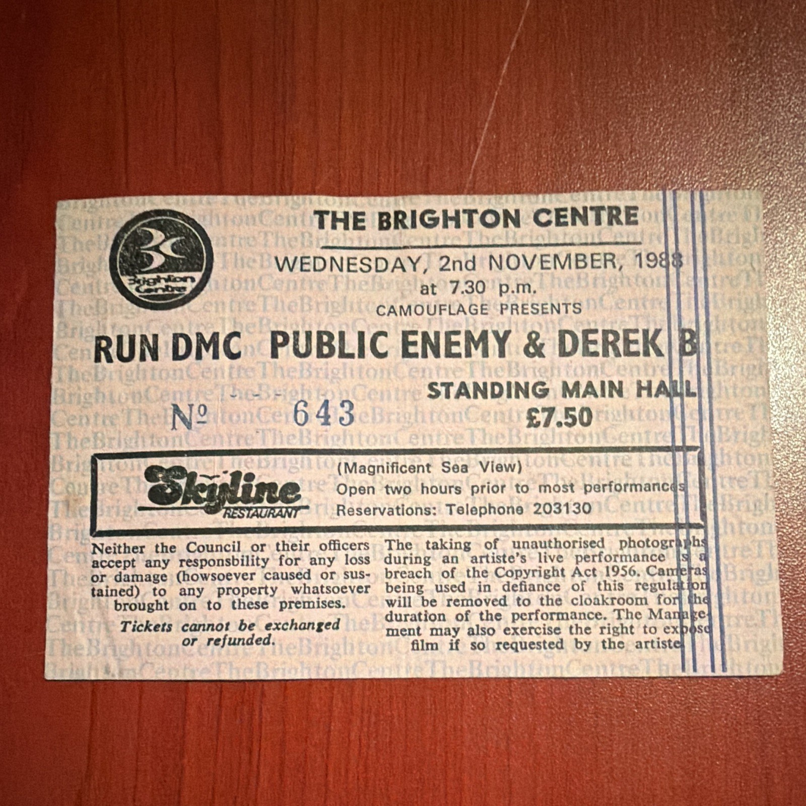 Run DMC /Public Enemy /Derek B Original Concert Ticket Brighton Centre UK 1988