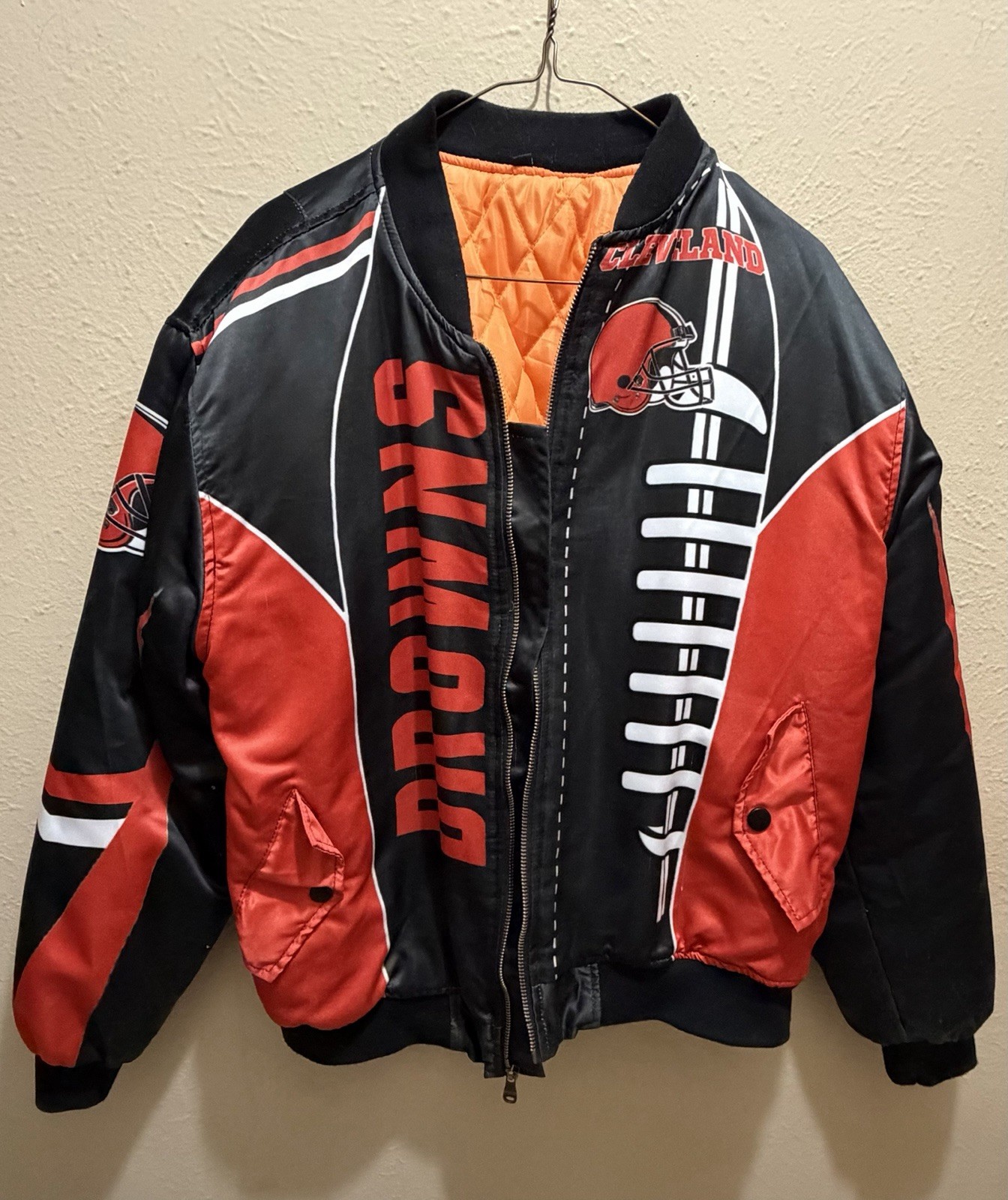 VTG. Cleveland Browns-Bomber Jacket-G-III Sports by Carl Banks-Blk/Brown/Orange