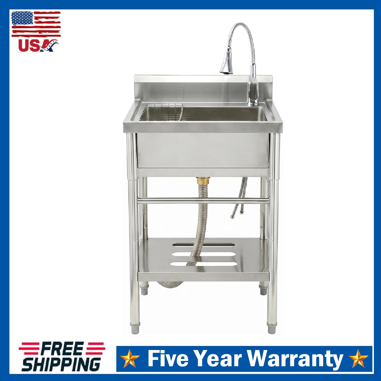 Freestanding Stainless Steel Utility Sink with Faucet ,Single Bowl Laundry Sink